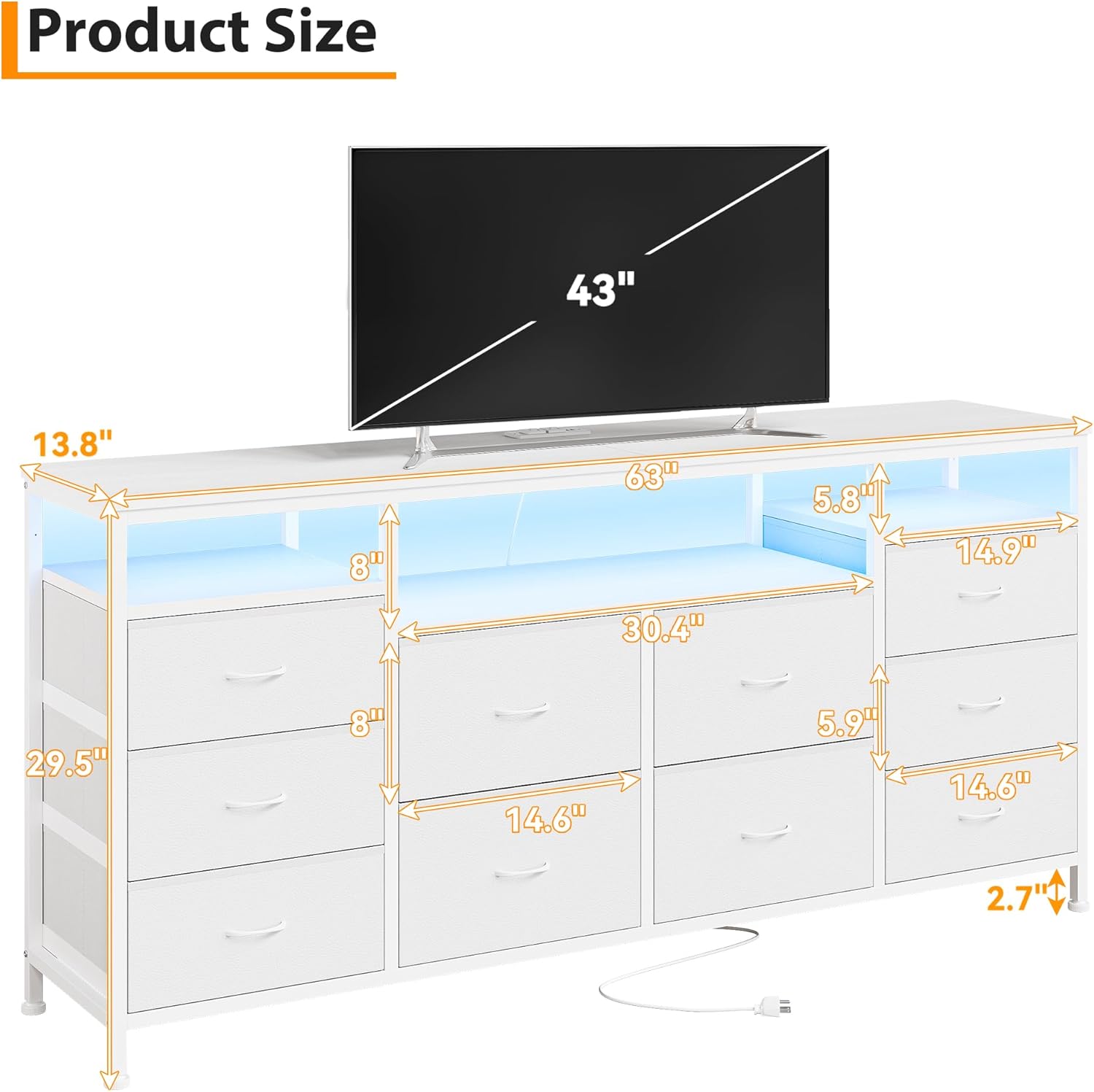 White Dresser for Bedroom, 10 Drawer Dresser TV Stand for 65 70 75 Inch TV, Entertainment Center with LED Lights & Charging Station, Long Fabric Chest of Drawers, 13.8" D x 63" W x 29.5" H
