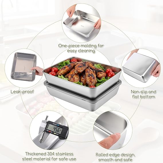 4 PCS 304 Stainless Steel Food Storage Containers with lids, 2.3 Inch Deep, 8x10 Inch Stackable Snack Storage Boxes Stainless Steel Oven plate Deli Meat Keeper for Refrigerator or Picnic, Office, Gym