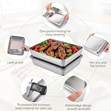 4 PCS 304 Stainless Steel Food Storage Containers with lids, 2.3 Inch Deep, 8x10 Inch Stackable Snack Storage Boxes Stainless Steel Oven plate Deli Meat Keeper for Refrigerator or Picnic, Office, Gym