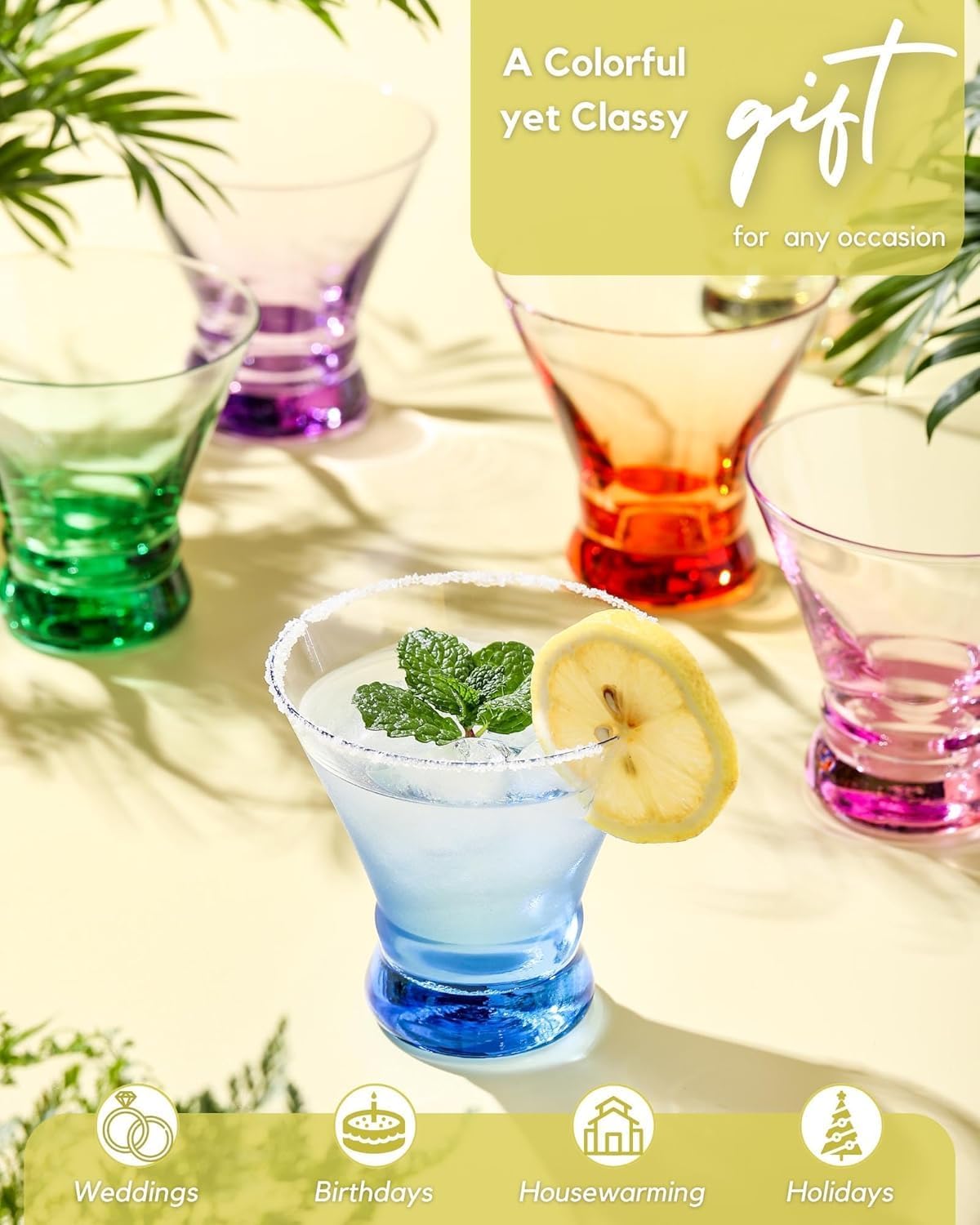 Martini Glasses Set of 6, 8 oz Stemless Glasses, Ideal for Bar and Home Use, Perfect for Cocktails and Wine (Colorful)