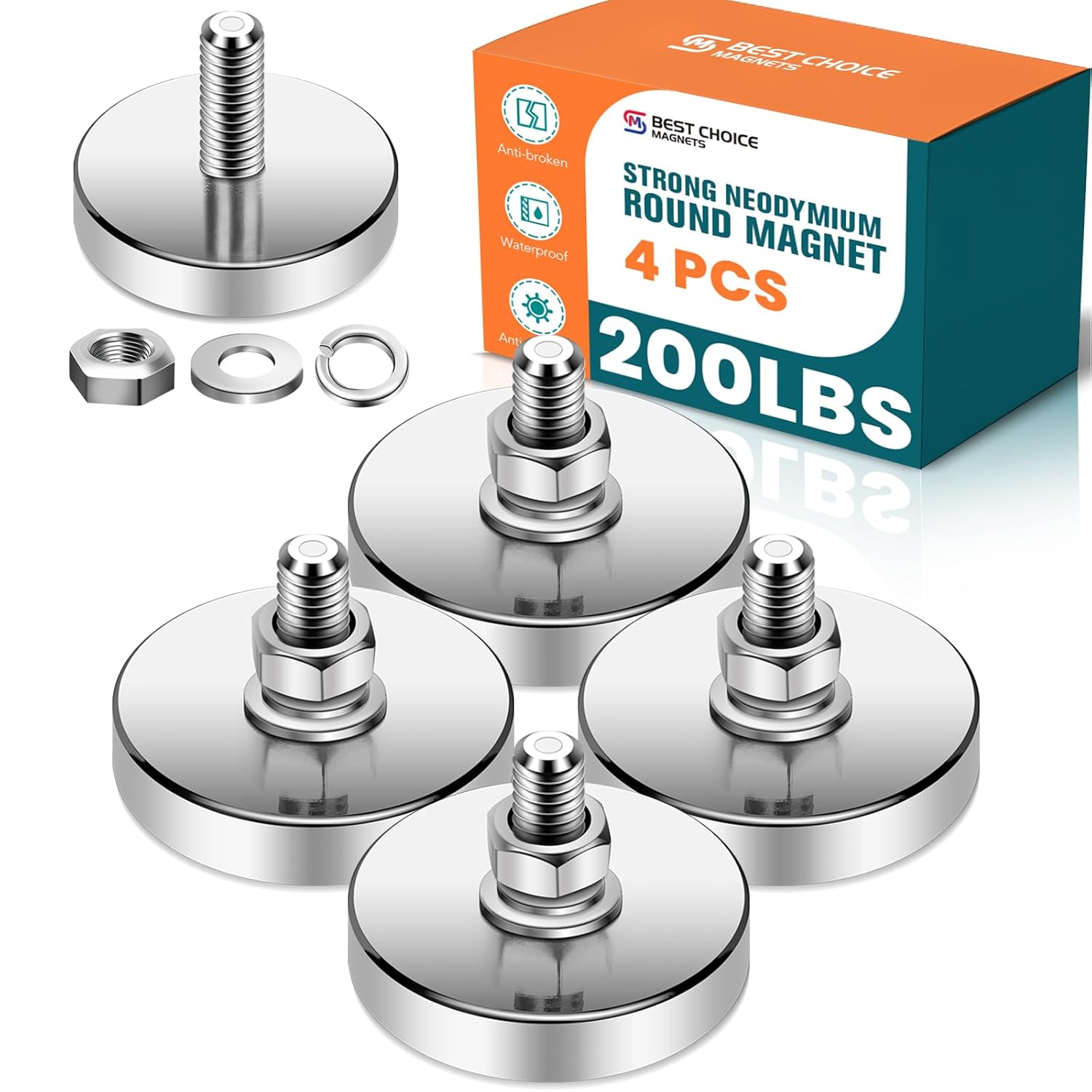 Super Strong Neodymium Round Magnet with M8 Male Thread Nuts Bolts 200 lb Corrosion-Resistant Mounting Magnet for Lighting Camera and Other Brackets Outdoor Tools 44mm D - 8 Packs