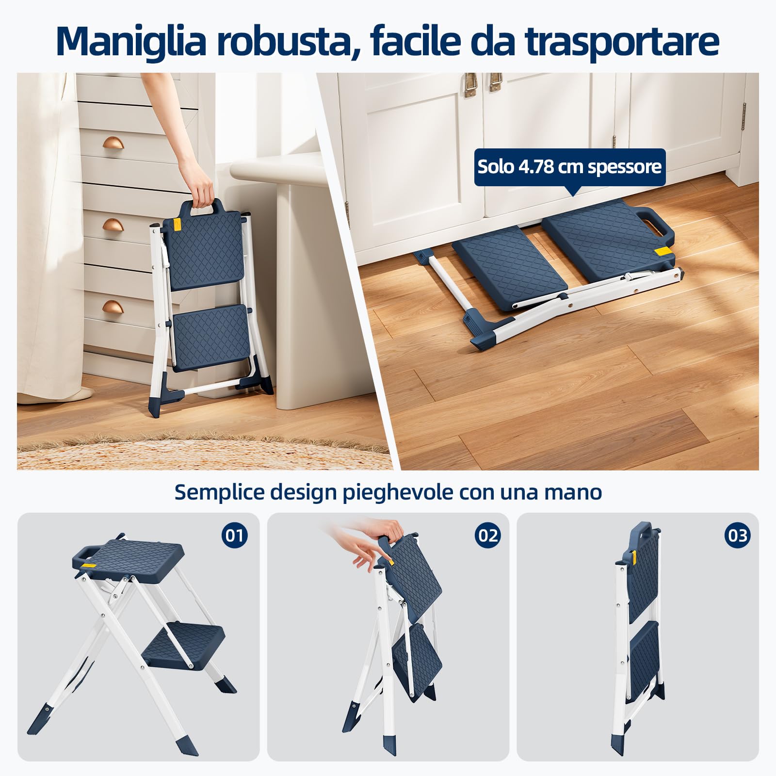 Urackify Scaletta 2 Gradini, Scalino Pieghevole con Pulsante di Sblocco | Sgabello con Pedana Antiscivolo, Leggero in Acciaio per Casa, Cucina, Camper, Roulotte, Portata fino a 150 kg, Blu