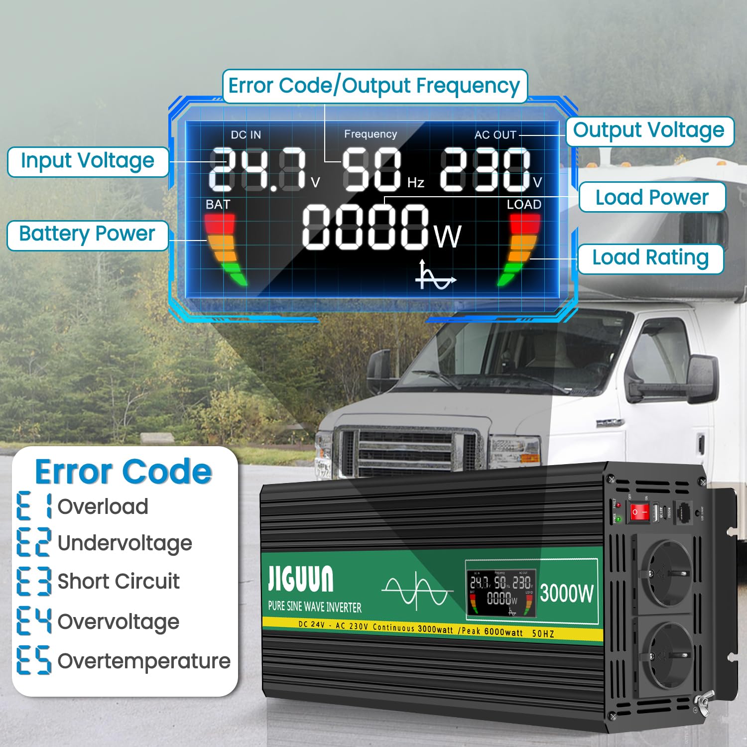 JIGUUN 3000W Inversor 24V 220V Onda Pura Convertidor Inverter con 2 Tomas UE y un USB ，Mando a Distancia e indicador LCD，Potencia máxima 6000W para RV, Viajes, emergencias