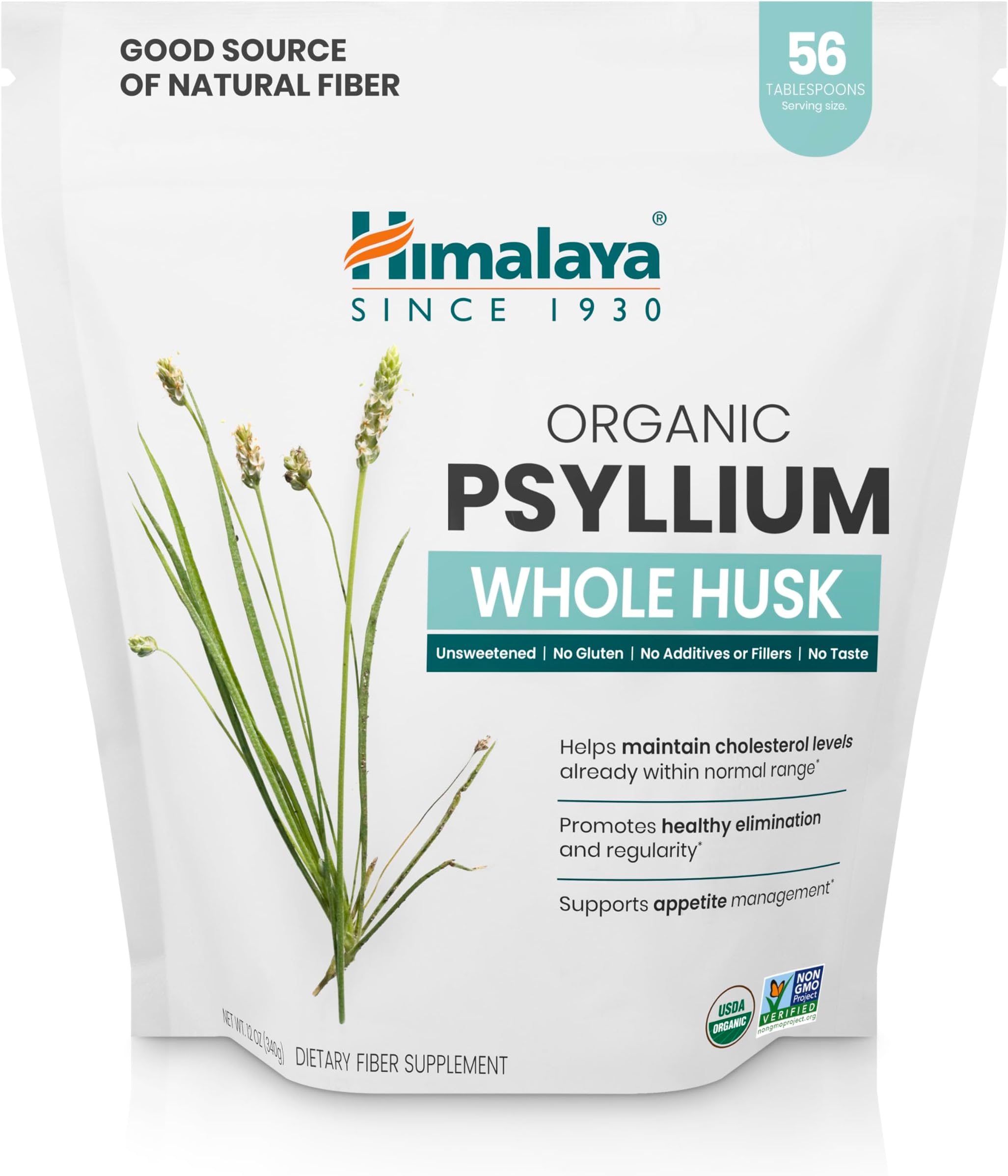 Himalaya Organic Psyllium Whole Husk, Natural Daily Fiber Supplement, Regularity, Appetite Management, USDA Certified Organic, Non-GMO, 56-Tablespoon Supply, Unflavored, 12 Oz