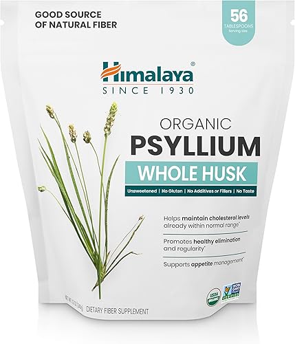Himalaya Cáscara entera de psyllium orgánica para soporte diario de fibra y colesterol, 12 onzas, 56 cucharadas de suministro