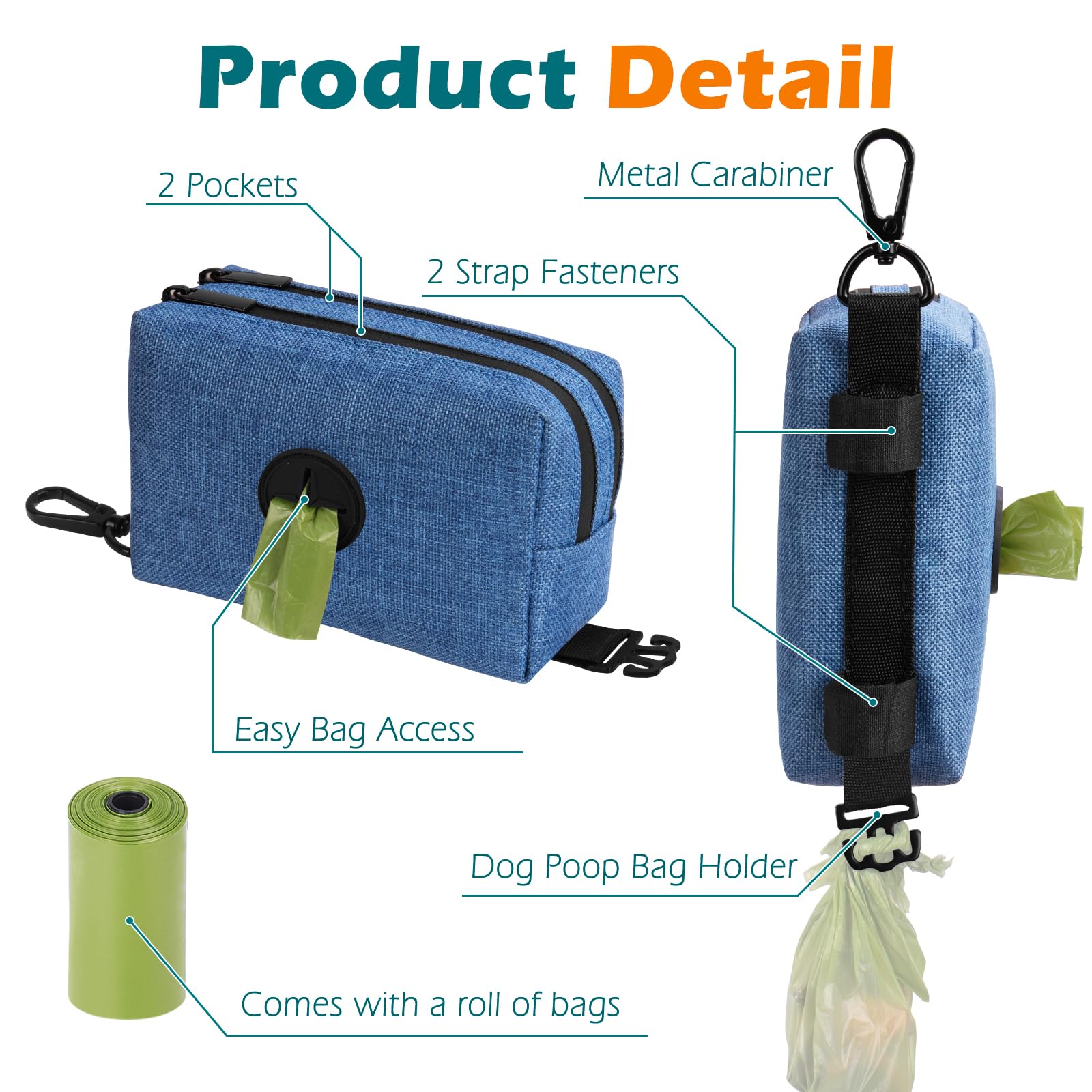 PetBonus Dog Poop Bag Holder, Portable Pet Waste Bag Dispenser, 2 Pouches for Treats and Walking Accessories Fit All Leads - Image 2