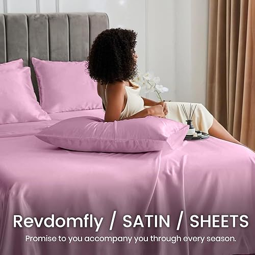 Miniatura 4 de Revdomfly Juego de sábanas de lujo de satén rosa suave y sedoso de 4 piezas, 1 sábana bajera de alta calidad que absorbe la humedad que se adapta a