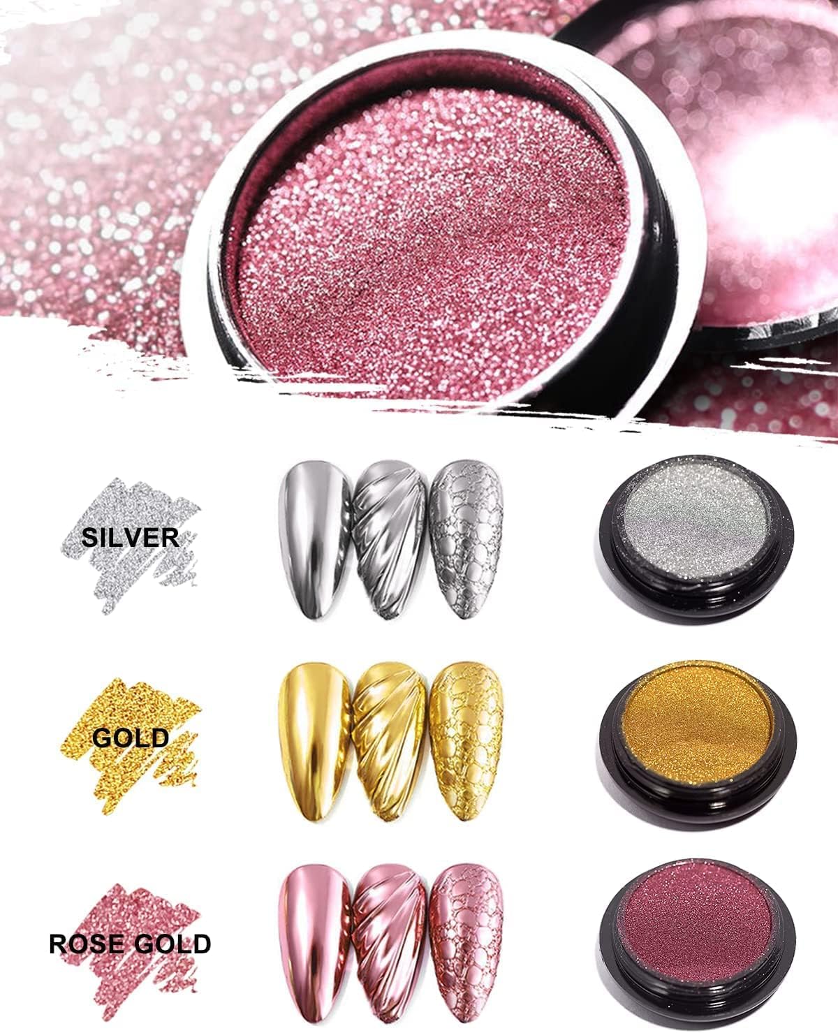 Nail Art Kit Box, Rose Gold, Gold, Silver Chrome Powder, Aurora Chrome Pigment Mirror Powder, Pearl Glitter, Nail Art Dust Design, Nail Decoration Accessories, DIY Manicure Trending for Women Girls 1