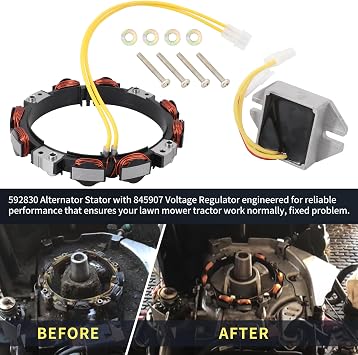 592830 Alternator Stator 10-16 Amp for Briggs & Stratton 394890 Voltage Regulator, for John D D150 D155 D160 D170 E160 E170 E180 L111 L118 L120 GT235 GT235E LA155 LA165 LA175 LT166
