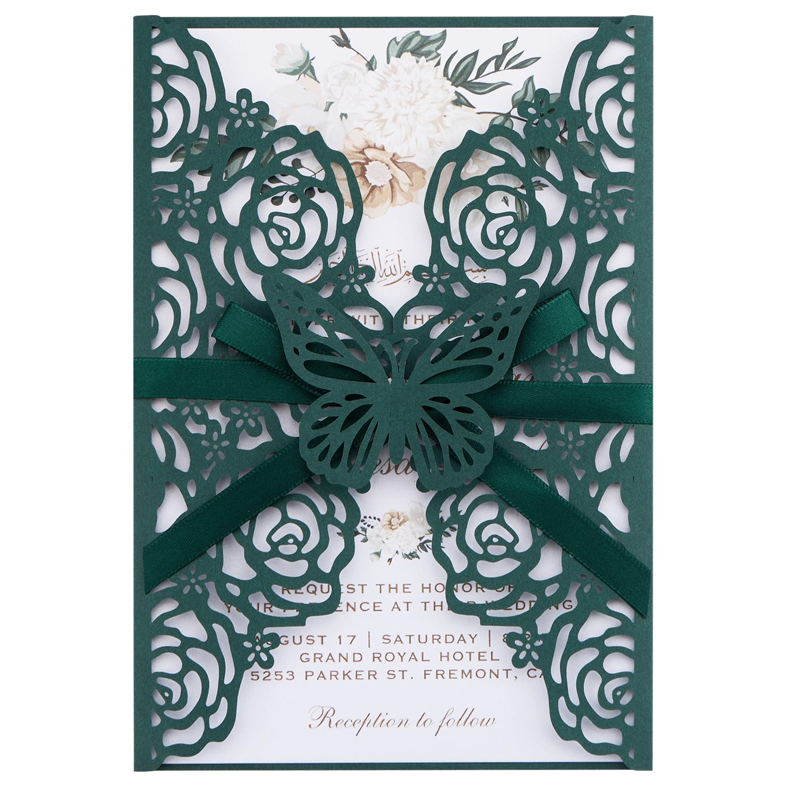 Smaragdgrüne Hochzeitseinladungen mit Umschlägen und RSVP-Karten, Blanko-Innenkarten, Bändern, für Hochzeit, Babyparty, Quinceañera-Party-Einladungen, 50 Sets