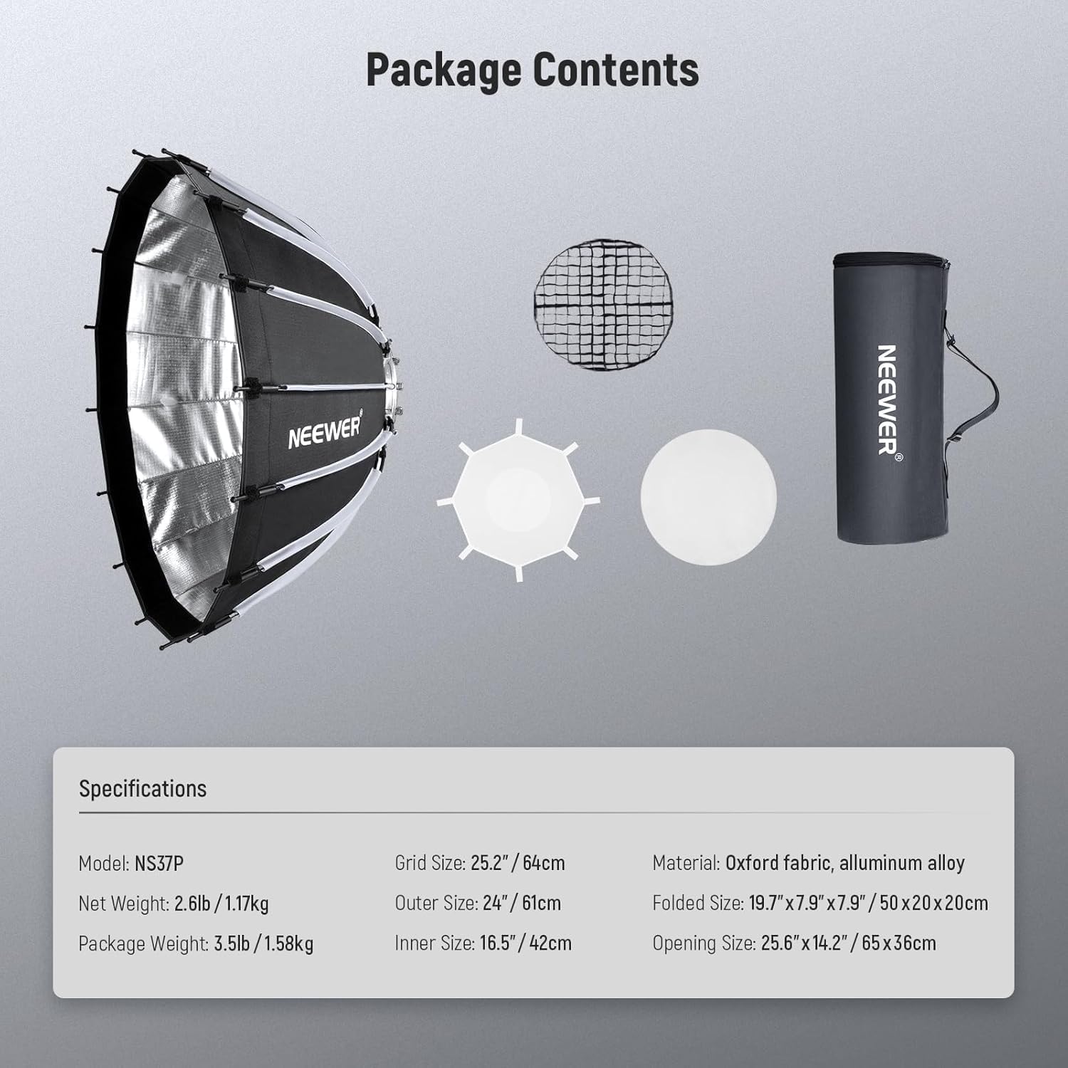 NEEWER Basics Kit Softbox Parabolique, 65cm, Monture Bowens, avec Diffuseurs de Lumière, pour Studio Photo, Enregistrement Vidéo, Streaming, éclairage, Compatible Godox, Aputure, NS37P