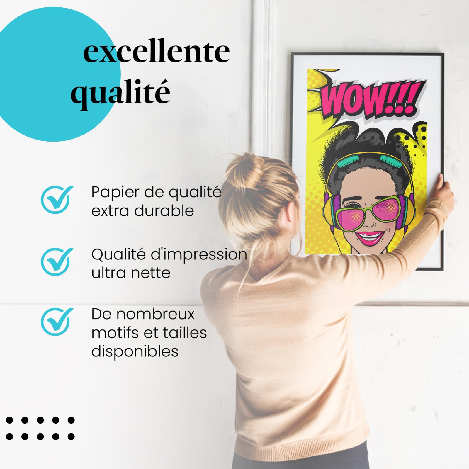 Postereck - 0915 - Affiche rétro, Wow Musique Pop Art Femme. Art Mural Tirage – Décoration musique, Pop Art, Poster - toile - 100,0 cm x 75,0 cm