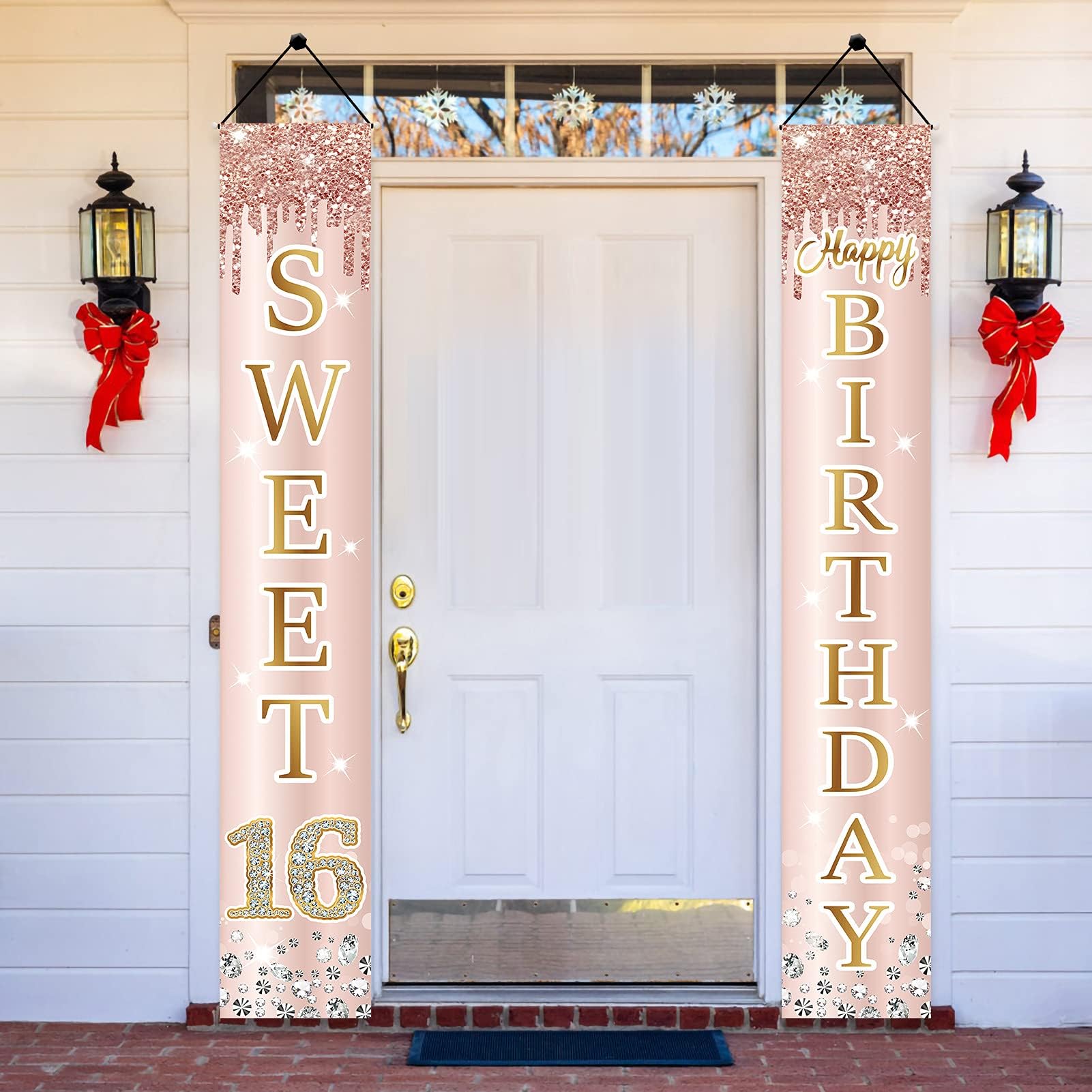 Sweet 16th Birthday Door Banner Decorations for Girls, Pink Rose Gold Sweet 16th Birthday Backdrop Porch Sign Party Supplies, Happy Sweet Sixteen Year Old Birthday Decor for Outdoor Indoor