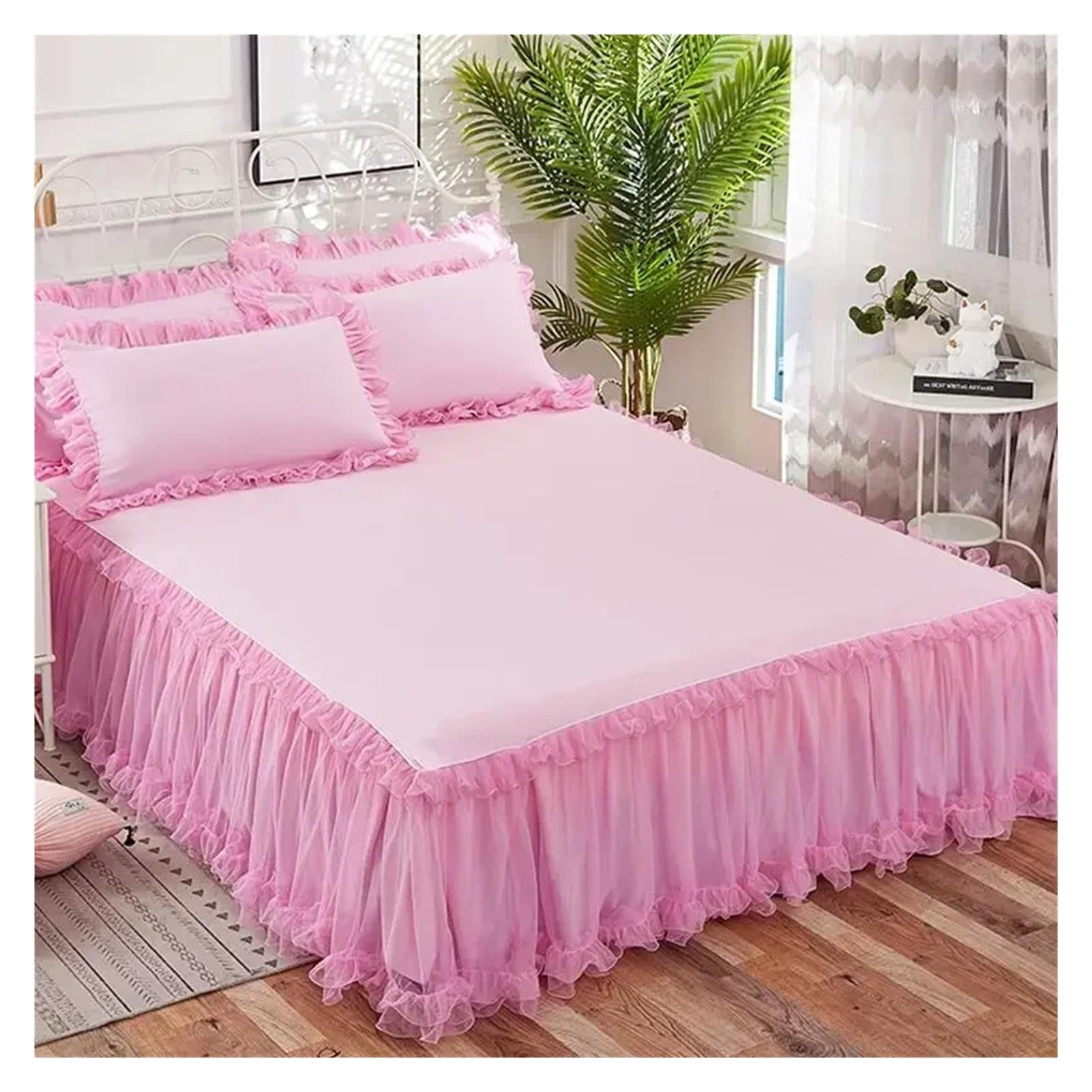 Falda de Cama Princesa, Funda colchón Antideslizante, Encaje Volantes, Falda, Colcha Protectora con 2 Fundas Almohada, 1 ud(White,Skirt 150x200cm)