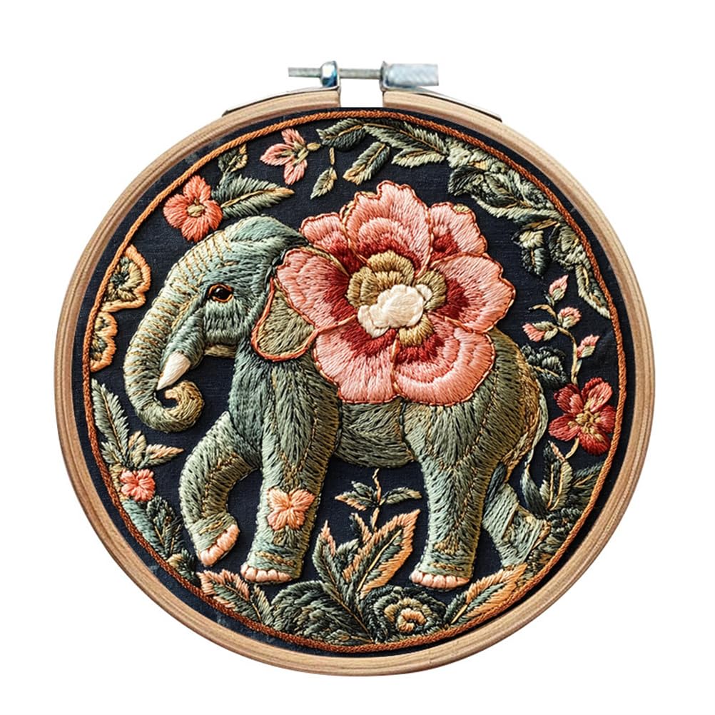 Meecaa Elephant Flower Animal Embroidery Kit Starter Set, Hand Embroidery Set,Pattern Printed Cross Stitch Set for Beginner Adults, with Embroidery Hoop and Instructions (Elephant 1)