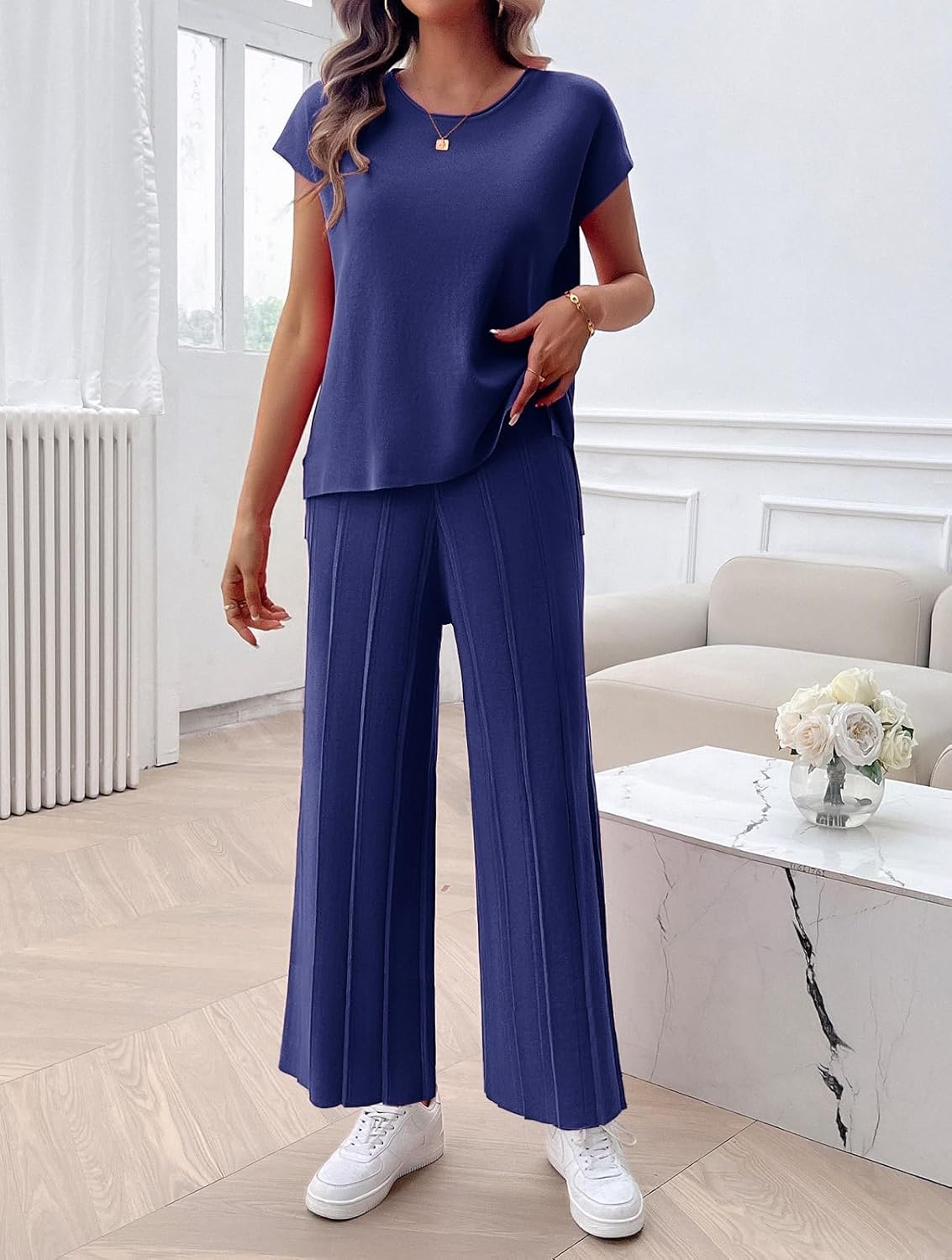 BestWendding Womens 2 Pieces Lounge Sets Knit Sweater Sets Casual Cap Sleeve Tops with Wide Leg Pants Tracksuits - Image 3