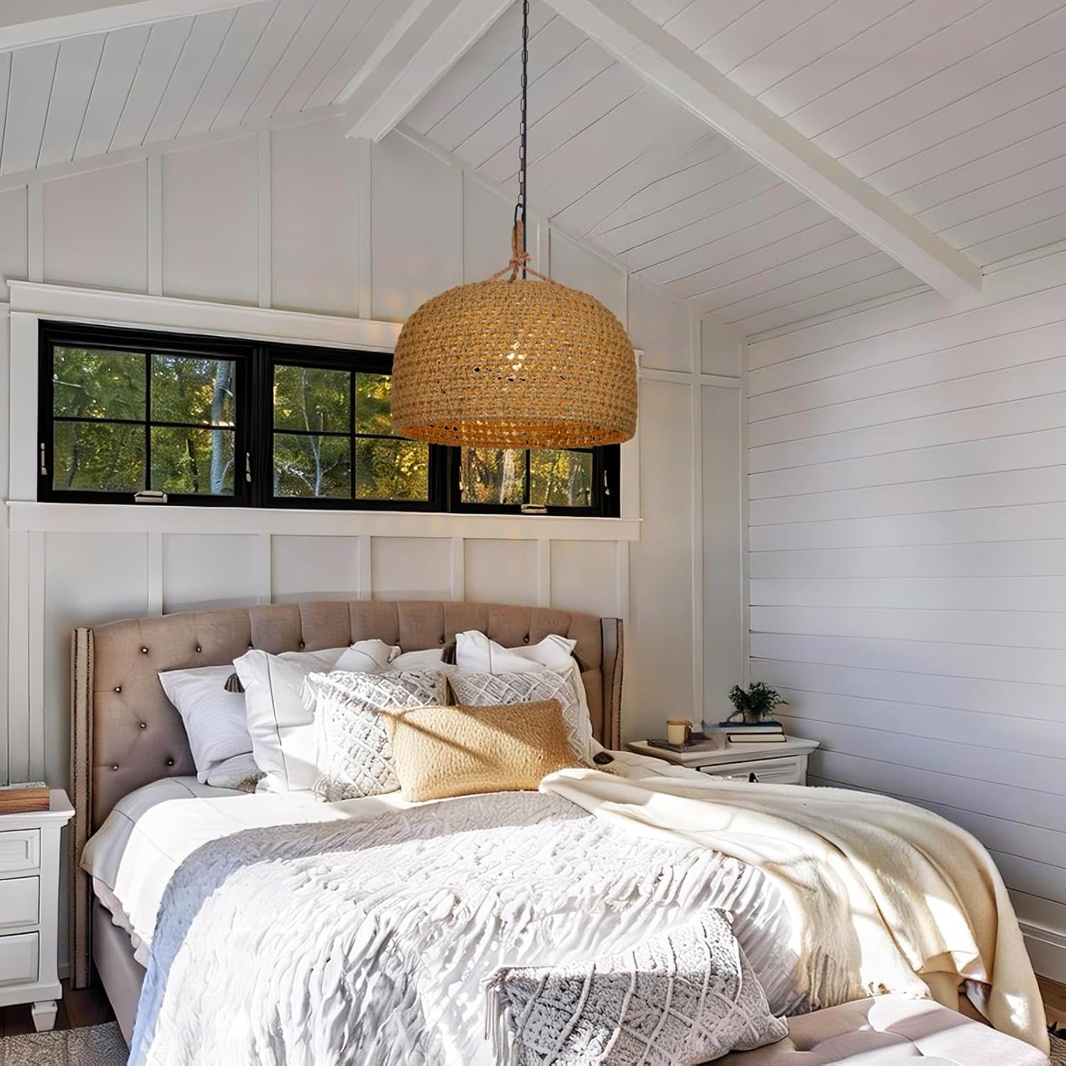 17.7" Large Farmhouse Chandeliers for Dining Room, Boho Rustic Rattan Hemp Rope Pendant Light Fixture Coastal Wicker Hanging Pendant Lighting for Kitchen Island, Bedroom, Living Room, Entryway, Foyer