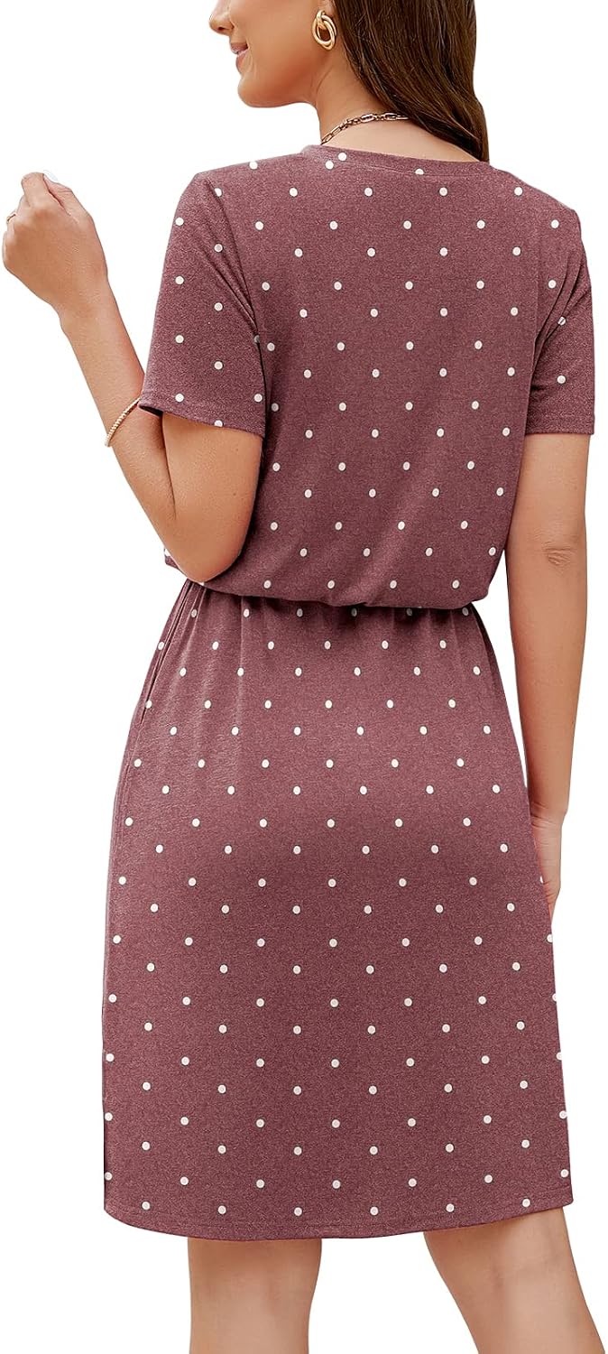 HUSKARY Women Summer Casual Midi Dresses Short Sleeve V Neck Drawstring Knee Length T Shirt Dress with Split and Pocket