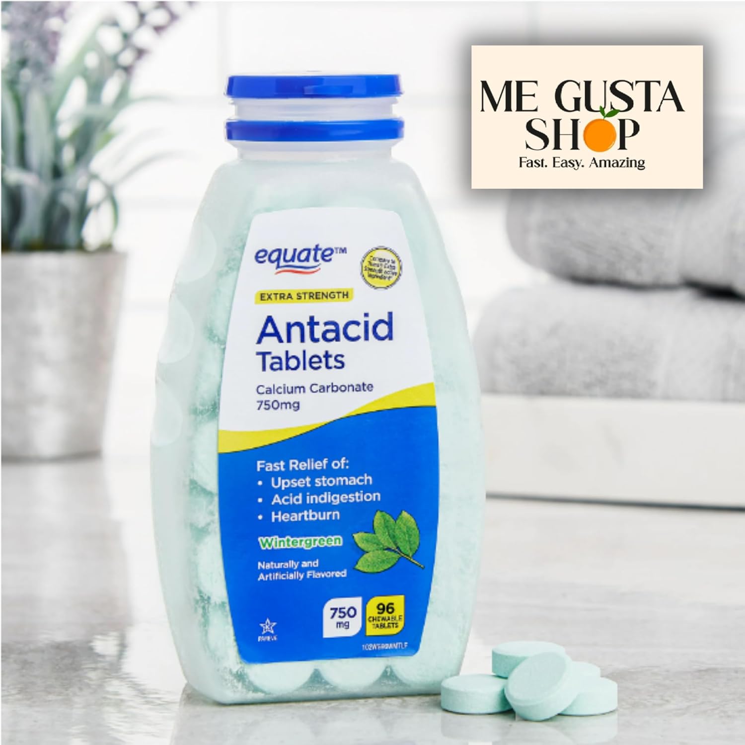 Equate Extra Strength Antacid Chewable Wintergreen Tablets, 750 mg, 96 Ct Pack of 03 Total 288ct + me Gusta Sticker
