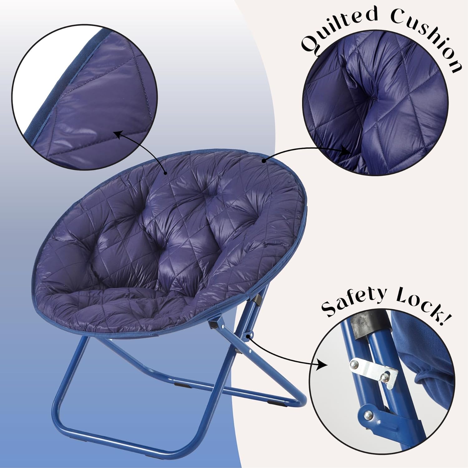 Urban Lifestyle Folding Saucer Chair, Navy Blue Quilted Cushion, Metal Frame, 27.5x29.5x31.4 inches