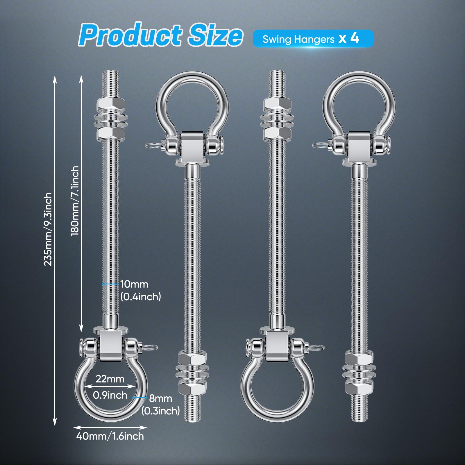 4Pcs Ganci per Altalena 304 Acciaio Inox Antiruggine Permanente con Cuscinetti a Sfera, Viti M10 x 9 Pollici 1800 lb per Corde Yoga, Anello Aereo, Sacco da Boxe & Sacco di Sabbia