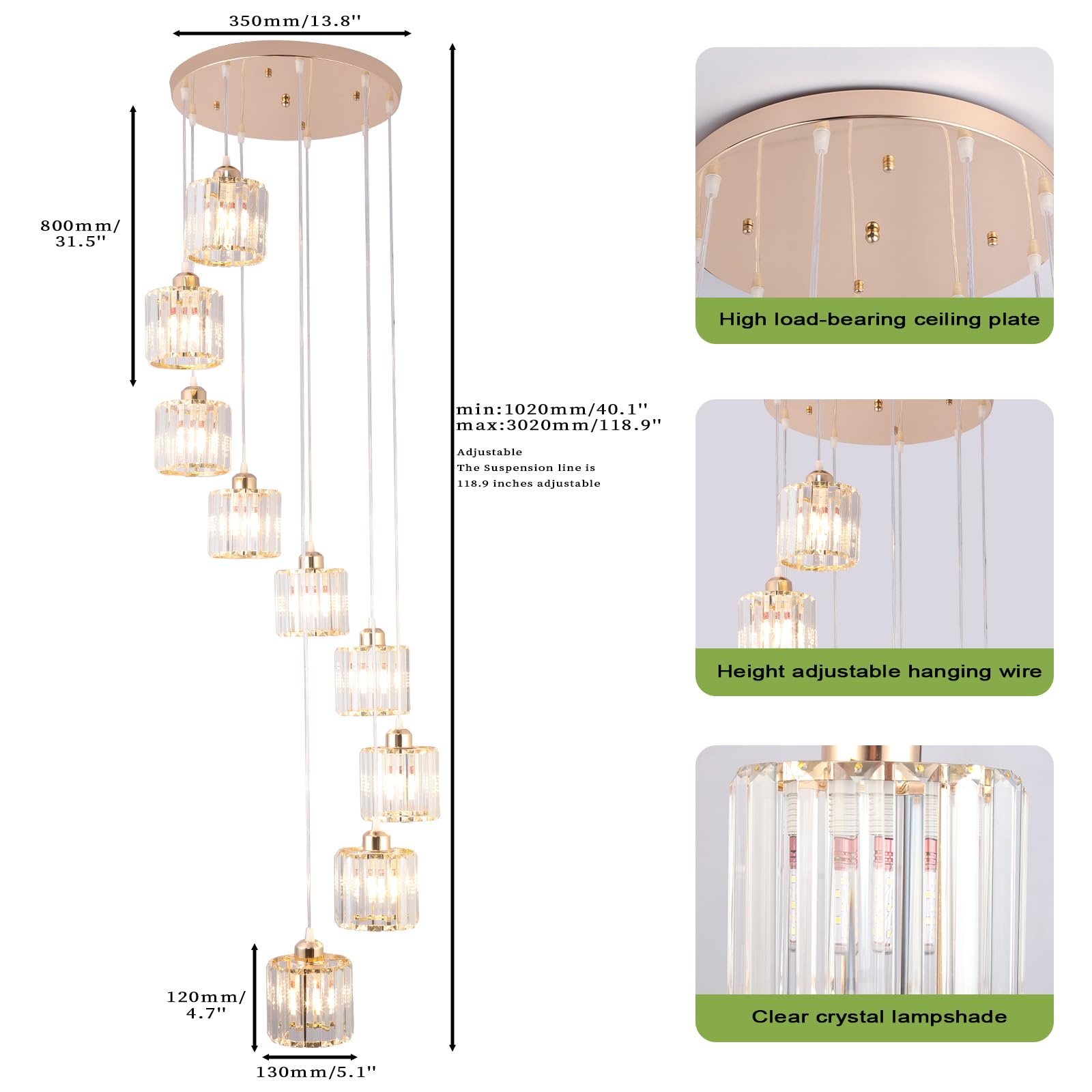Hohe Decken Lange Kronleuchter Moderne Kristall-Pendelleuchte Raindrop Drop Lampe Hängende Kronleuchter Deckeneinbauleuchten für Treppenhaus, Foyer, Eingangsbereich Gold 9 Leuchten