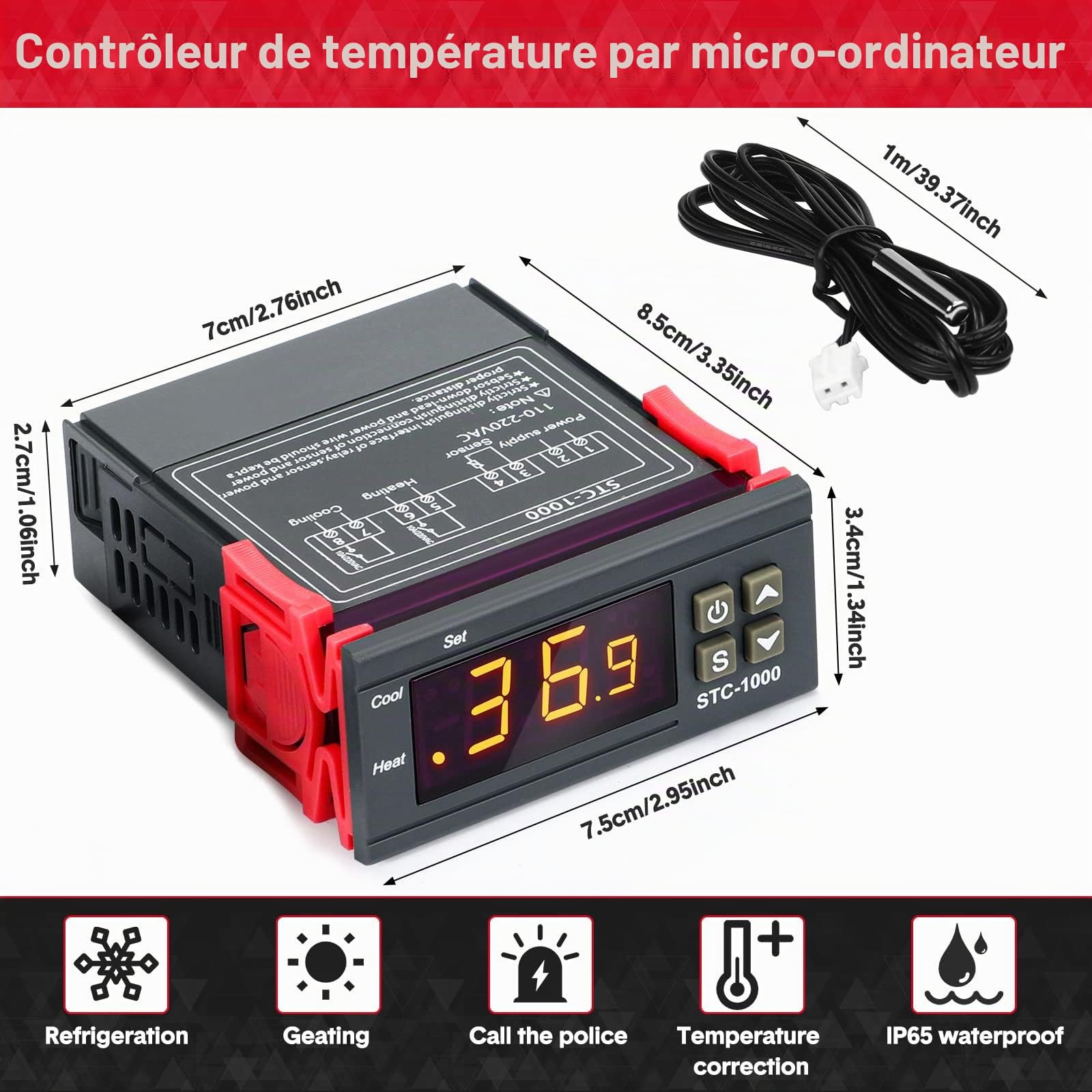 2 Pièces Régulateur de Température Numérique STC-1000 DC 12V 10A Thermostat Centigrade Contrôleur de Température Numérique Général Étalonnage de Température avec Capteur 2 Sorties Relais