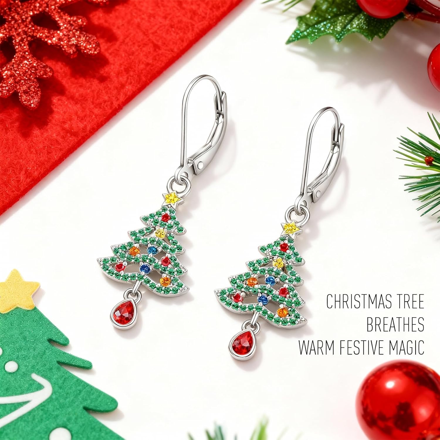 Christmas Tree Earrings Christmas Earrings for Women Sterling Silver Green Xmas Holiday Winter Star Drop Dangle Colorful Jewelry Birthday Thanksgiving Gift - Image 5