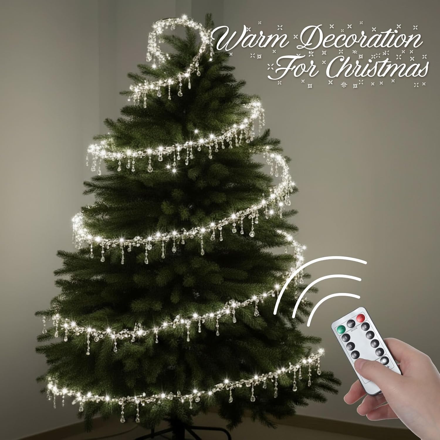 40 ft Christmas Tree Crystal Garland Decor Fairy Lights with Crystal Drop Ornaments and Iron Wire Remote Control Tree Twinkle Decoration for Indoor Xmas Winter Party Holiday Decorations