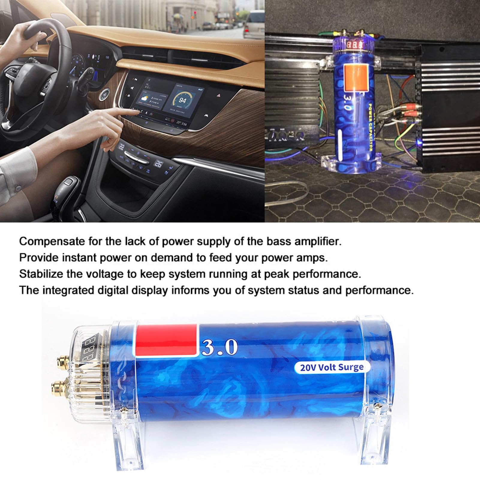 Condensador de potencia de audio para automóvil, estabilizador regulador de amplificador de aleación de aluminio, kit de cableado de instalación de amplificador para