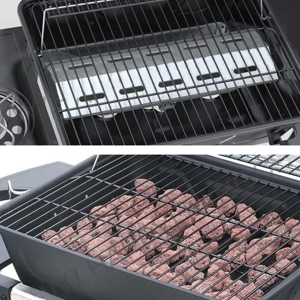 Barbecue a Gas con Pietra Lavica BBQ a Gas 2 Bruciatori + Fornello Laterale Struttura in Acciaio con Piano Laterale D’appoggio e 3 Appendini Pratiko Life