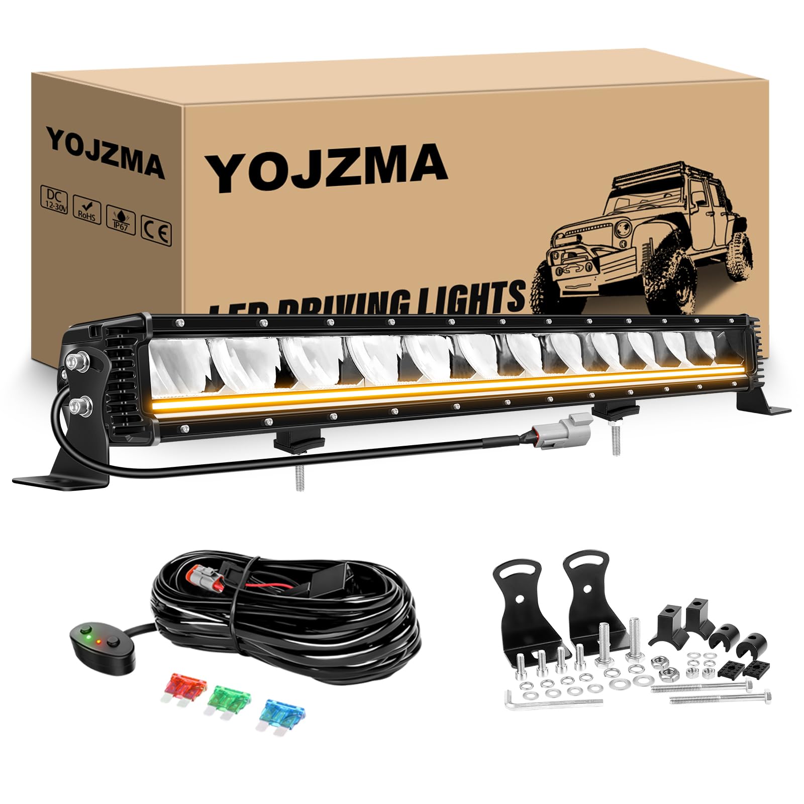 Listwa LED 23 cali 80 W z Amber DRL, 8000LM Single Row Light Offroad IP67, wodoodporna listwa z okablowaniem DT do samochodów ciężarowych, Pickup, samochodów, SUV-ów, ATV, UTV, 4x4, łodzi