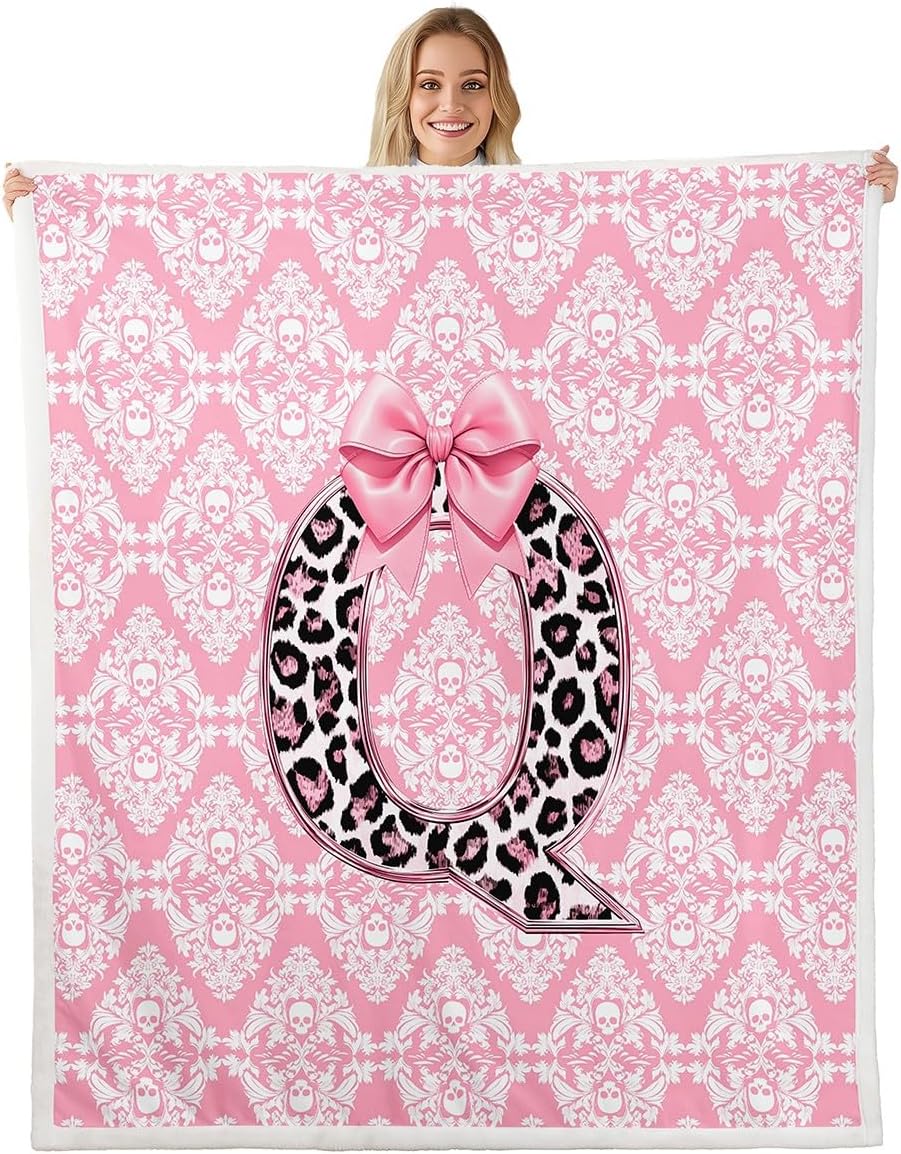Erosebridal Cheetah Print Initial Letter Fleece Blanket Antique Decor Skull Damask Gothic Sherpa Blanket 60"x80" | Personalized Letter Pink Bow Monogrammed Victorian Floral Fuzzy Plush Throw