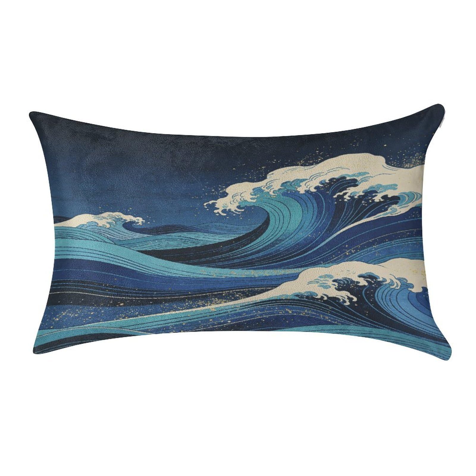 Fodpand Style Japanese Art Wave Pillowcase,Elegant Designed Home Decor,Velvet Pillowcase,Soft And Cozy,Pillow Case Cover With Hidden Zipper For Bedroom, Sofa, Couch