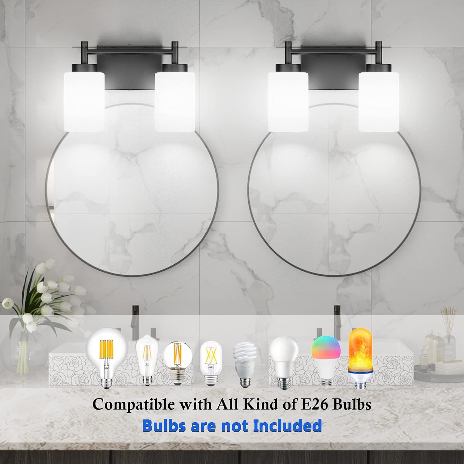 Aipsun Black Bathroom Vanity Lights Fixtures Vintage 2 Lights Sconces Industrial Vanity Lighting Fixtures Milky Glass Shades(Exclude Bulb)