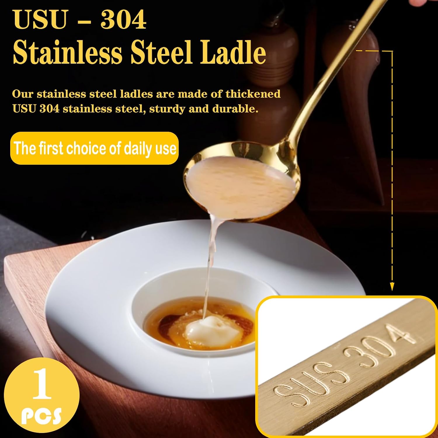 Soup Ladle, Gold Ladles for Serving, 304 Stainless Steel,12.2Inch