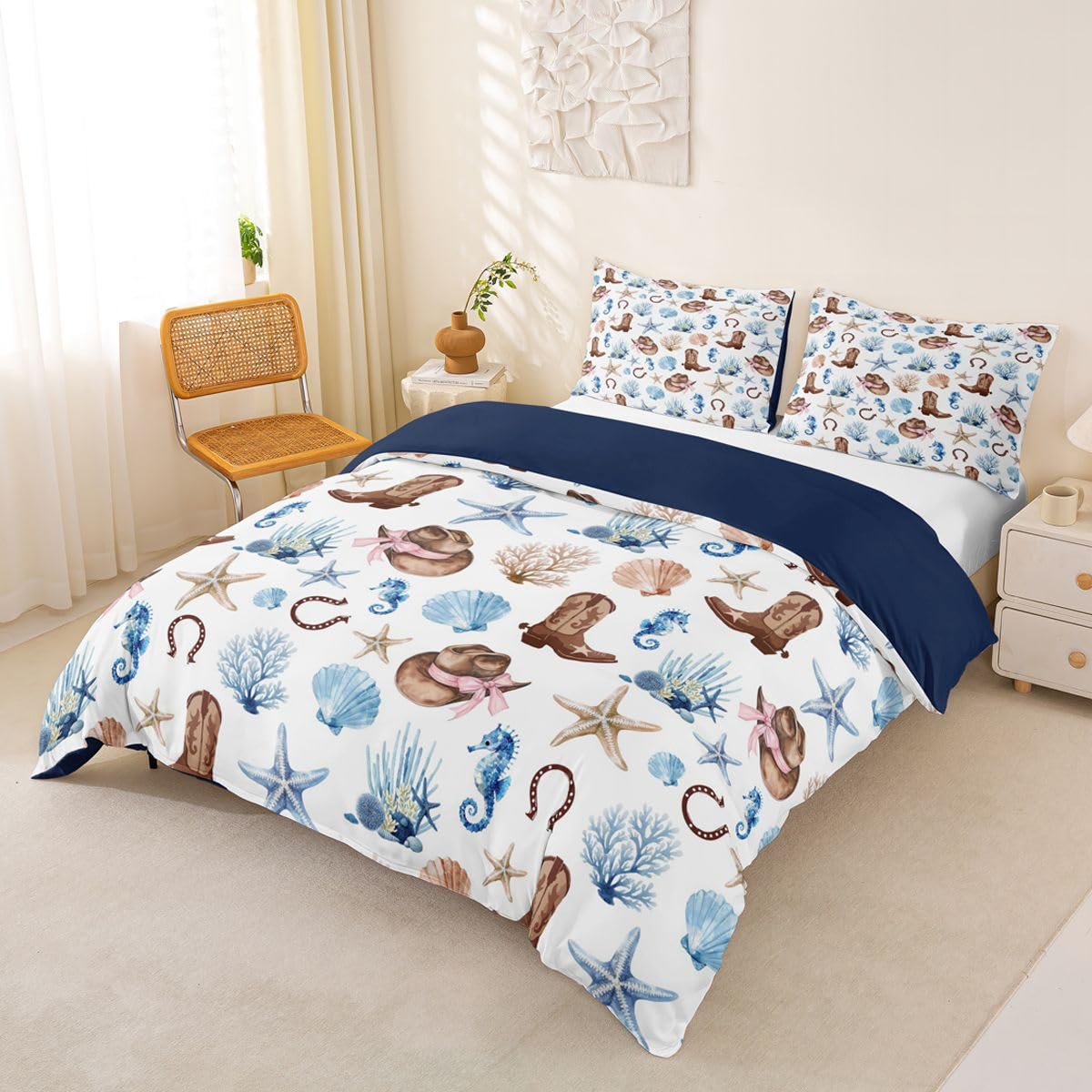 Homewish Motyw plażowy podwójna poszewka na kołdrę zachodni kowbojski zestaw pościeli dla dzieci nastolatków dorosłych ocean rozgwiazda i konik morski poszewka na kołdrę morska plaża muszla zestawy