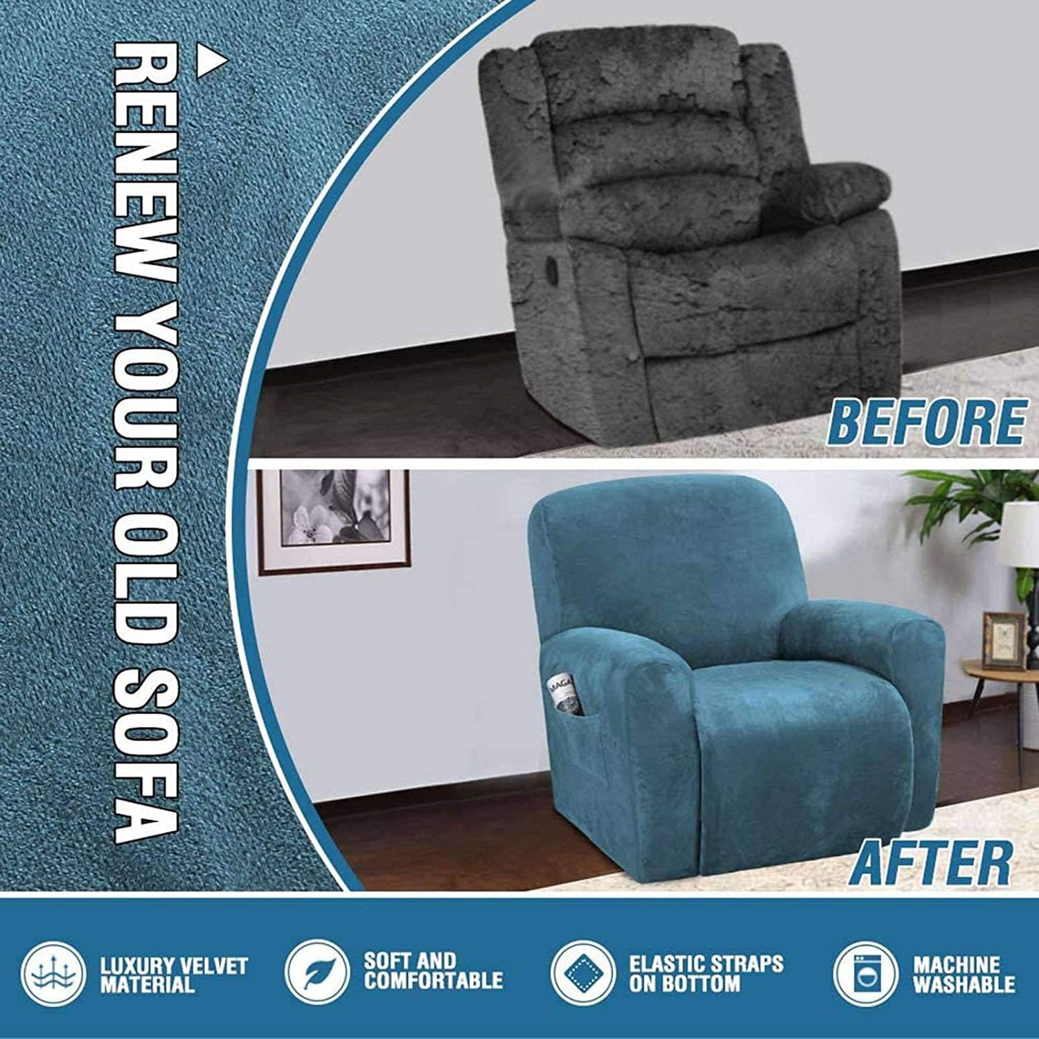 Stretch Velvet 1 2 3 Seat Recliner Sofa Cover Pet Dog Kid Solid Color Sofa Covers Relax Lounger Slipcovers Couch Towel Armchair Covers (Color : H, Size : 1Seater 4-Piece)
