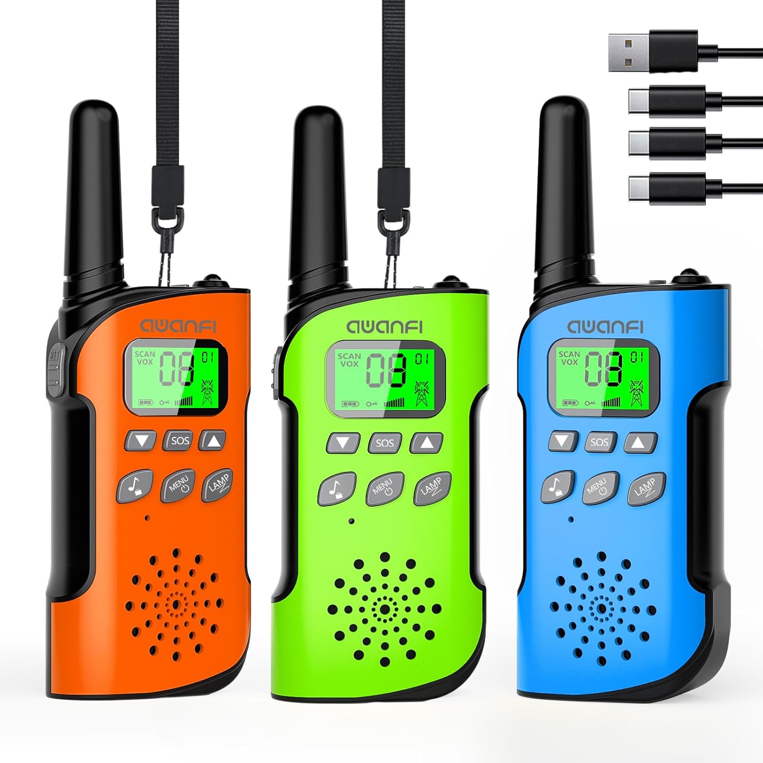 Three AWANFI GL-528 walkie talkies in orange, green, and blue, along with a 3-in-1 USB-C charging cable.