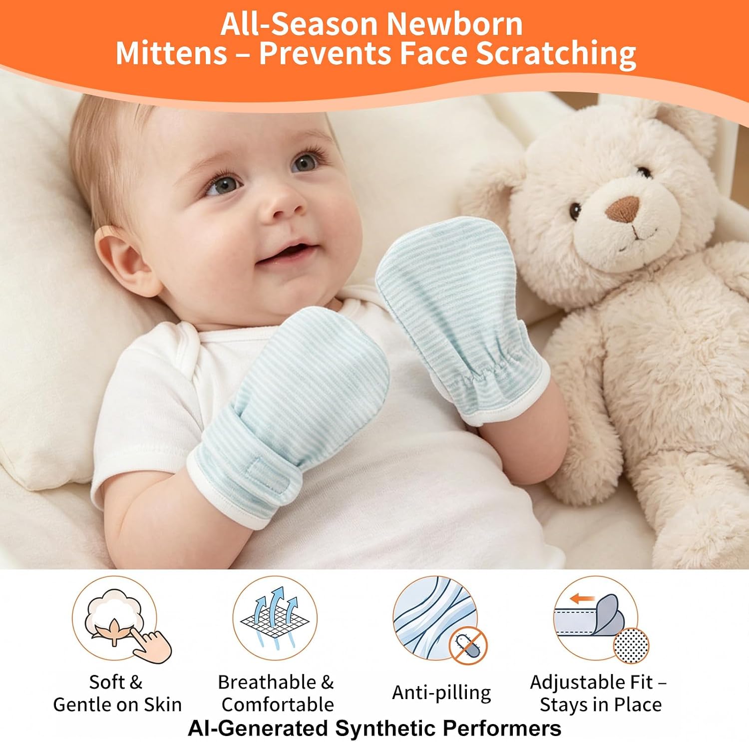 Anti-Scratch Baby Mittens, Stay-On Adjustable with Hook & Loop