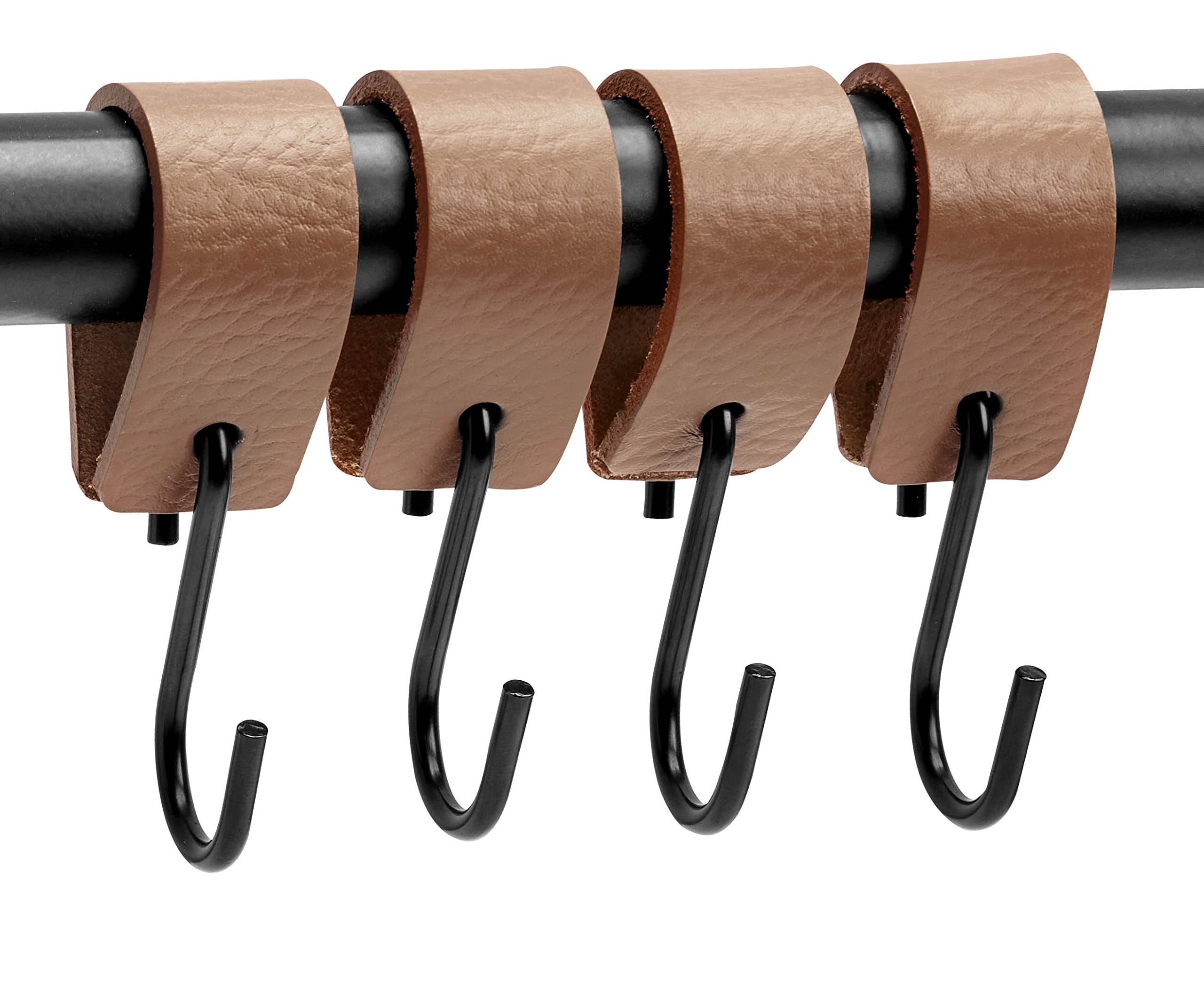 Brute Strength, Leather S Hooks for Hanging, Taupe, 4 Pieces, Incl. Silver & Black Hooks for Hanging Coats Cups, Towels