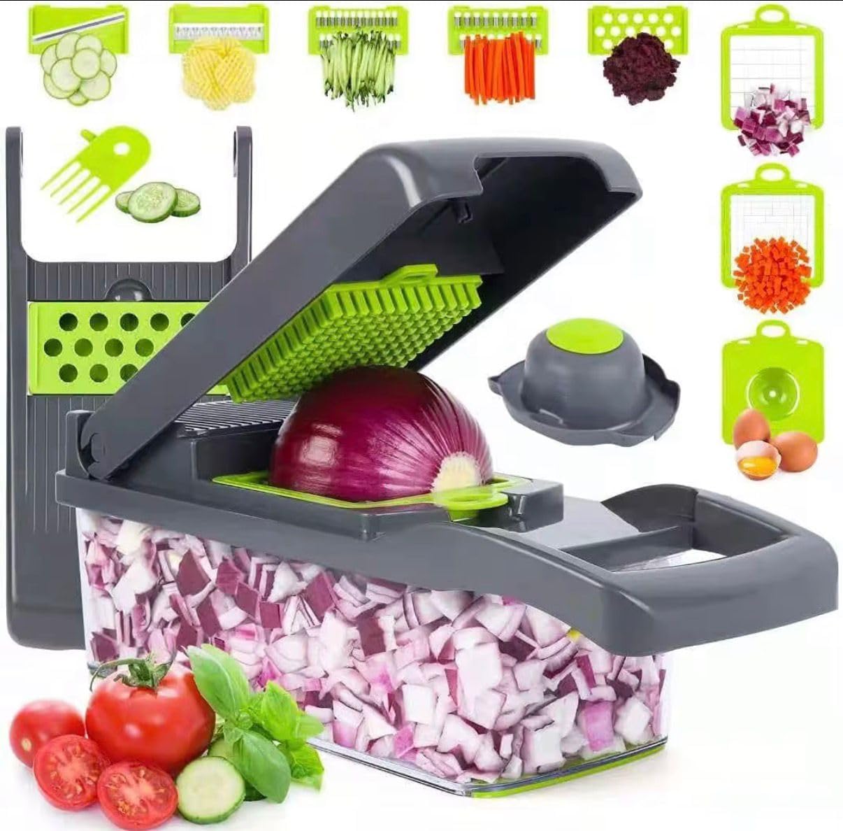 Multi-Function Vegetable Chopper with 8 Interchangeable Blades, Professional Food Dicer and Slicer, Black and Green, Kitchen Prep Container
