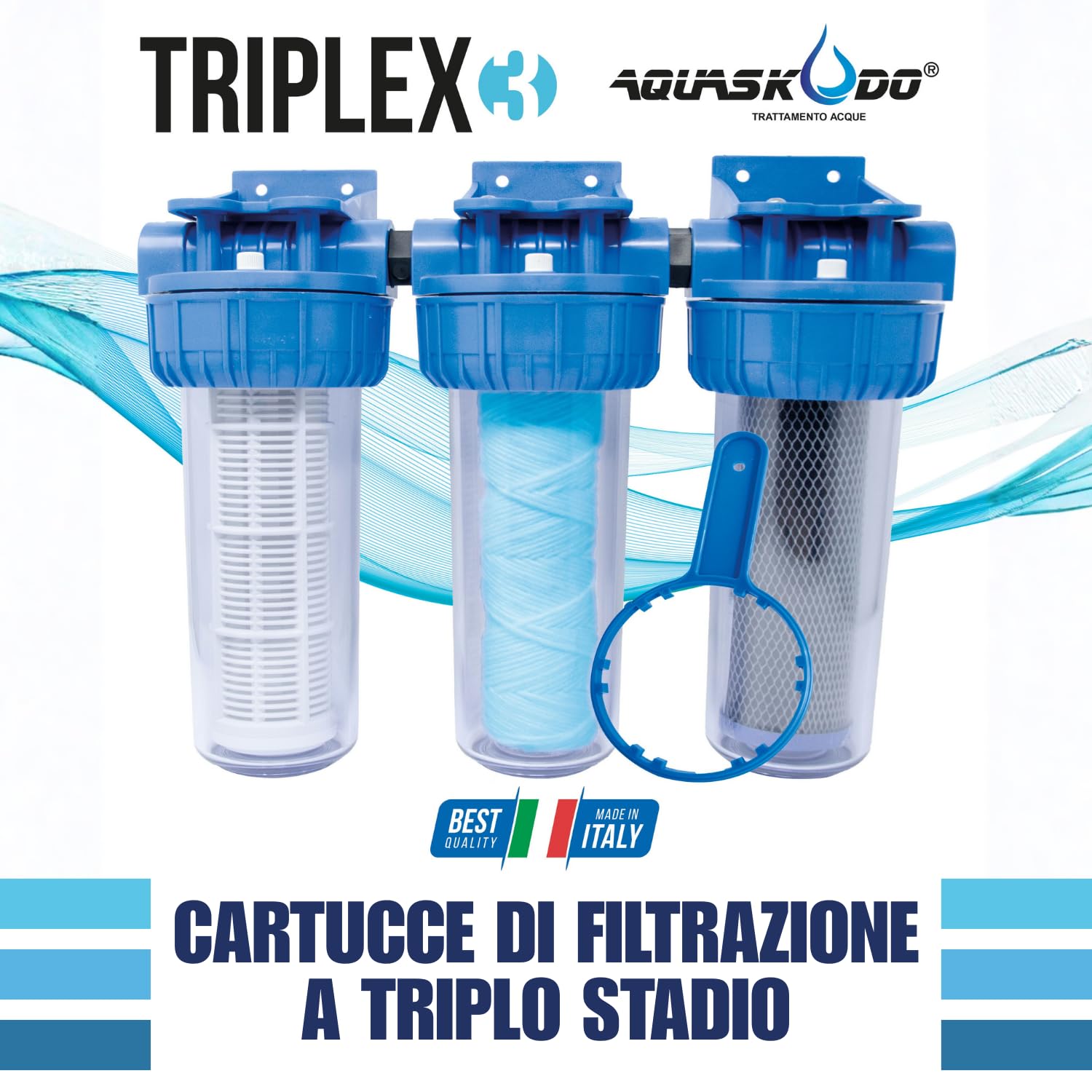 AQUASKUDO Filtro Acqua Rubinetto tre Stadi 3/4, Kit Filtro Acqua Sotto Lavello Made in Italy - Depuratore Acqua Domestico, Contenitore Filtri Anticalcare e Carboni Attivi