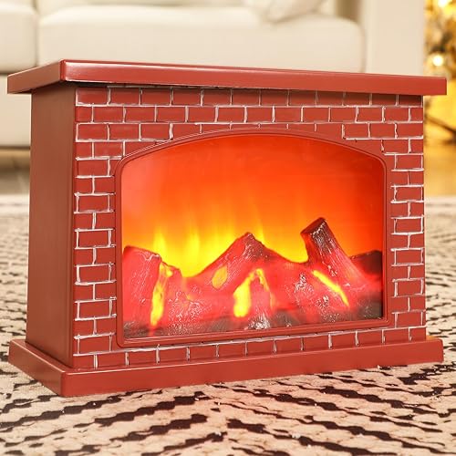 Vicenpal Chimenea de cartón de Navidad 3D artificial, efecto de llama, lámpara LED de fuego, funciona con pilas, carga USB, portátil, ladrillo rojo,