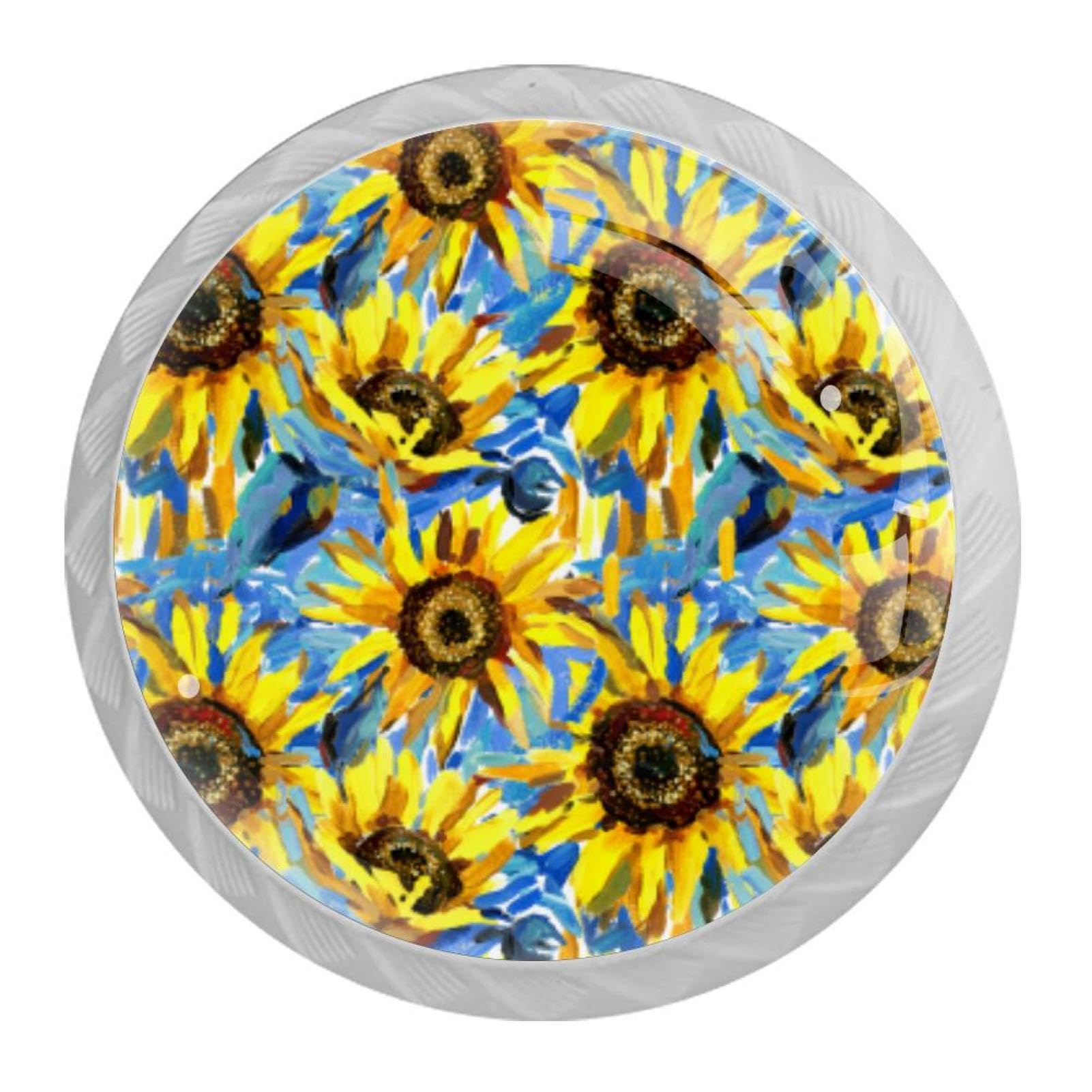 Tqmspg 4 Pieces Drawer Pulls Watercolor Sunflowers Door Knobs Dresser Handles for Kitchen Wardrobe Cupboard Hardware Furniture