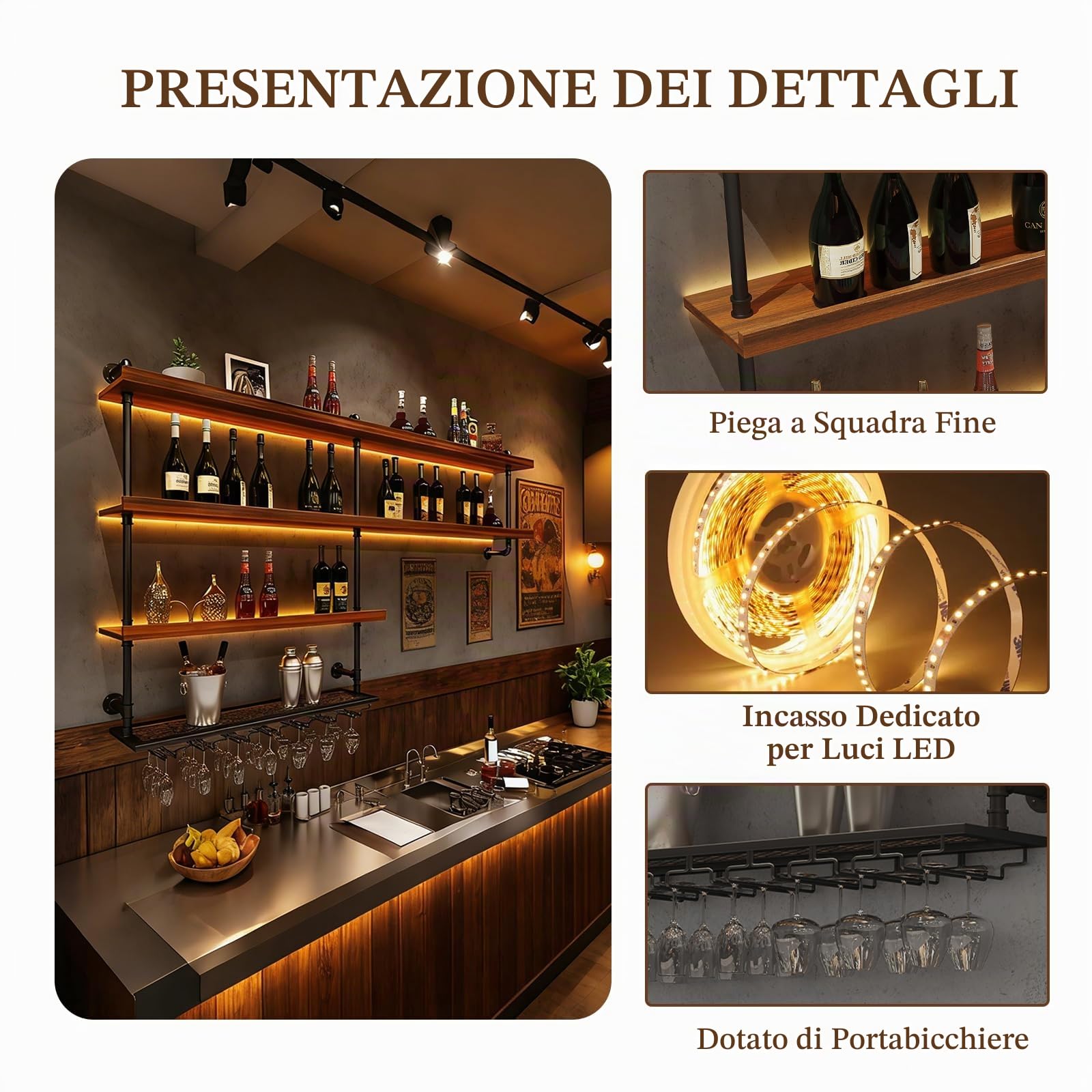 Portabottiglie da parete con supporto in vetro LED, Porta Industriali Bottiglie Di Vino Con Ripiano Espositivo, Enoteca Galleggiante A Parete in Legno, applica casa bar sala da pranzo cucina (100cm)