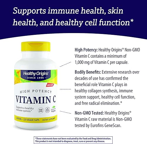 Miniatura 5 de Healthy Origins Vitamina C (sin OMG), 1,000 mg - Vitamina C vegana - Ácido ascórbico para apoyo inmunológico - Apoya la función celular - Suplemento