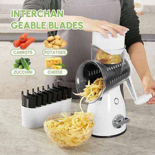 Miniatura 3 de Rallador rotativo de queso con asa, cortador de verduras y triturador de queso con 5 cuchillas de acero inoxidable, base de succión fuerte y caja de
