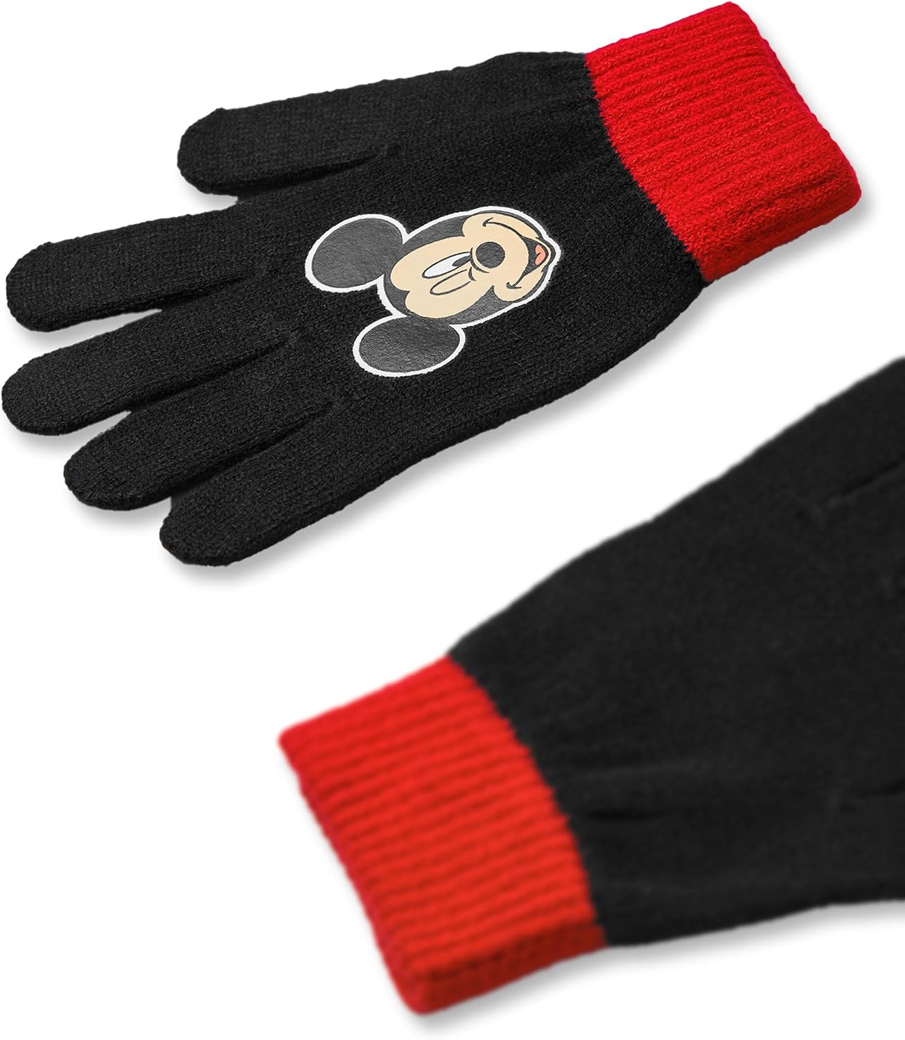 Disney Mickey Mouse Boys Beanie Hat & Gloves Set | Black & Red Knitted Winter Hat with Pom Poms | Kids One Size Hat & Gloves with Mickey Mouse Character Face | Classic Cartoon Merchandise Gift
