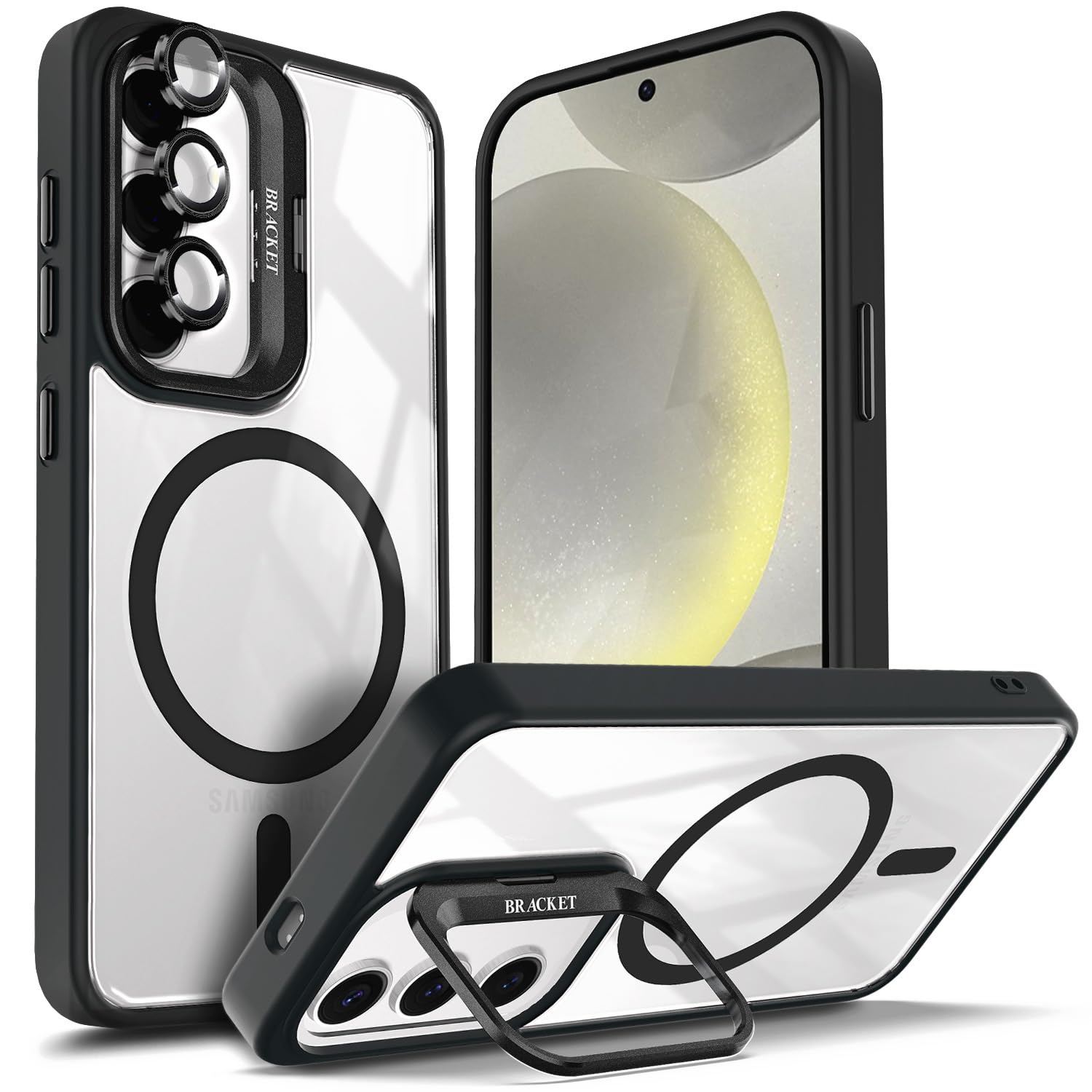 YZB Designed for Samsung Galaxy S23-FE Case, Black | Magnetic Compatible with MagSafe | Built-in Stand & Camera Lens Protector | Anti-Yellowing &